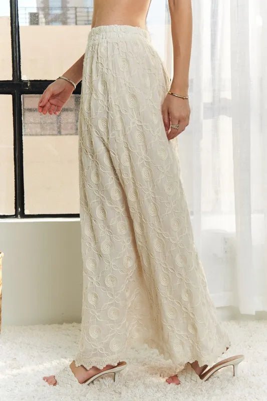 Adora Elastic Waist Applique Cotton Maxi Skirt – Lace Detail, Boho Style - Triniskies