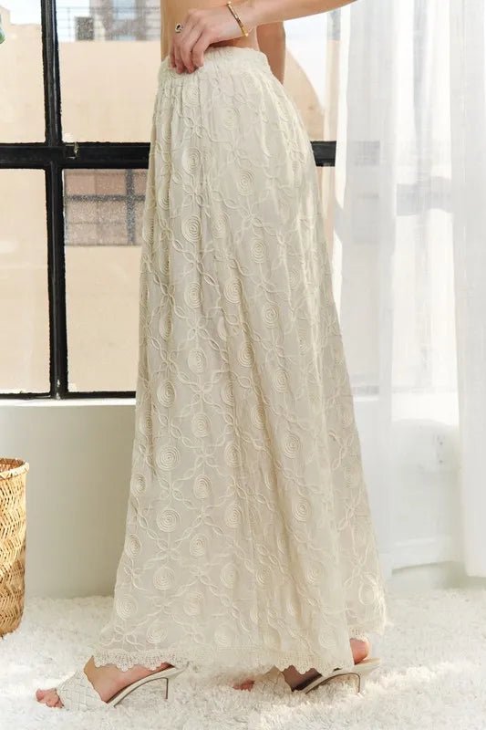 Adora Elastic Waist Applique Cotton Maxi Skirt – Lace Detail, Boho Style - Triniskies