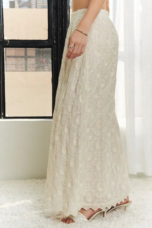 Adora Elastic Waist Applique Cotton Maxi Skirt – Lace Detail, Boho Style - Triniskies