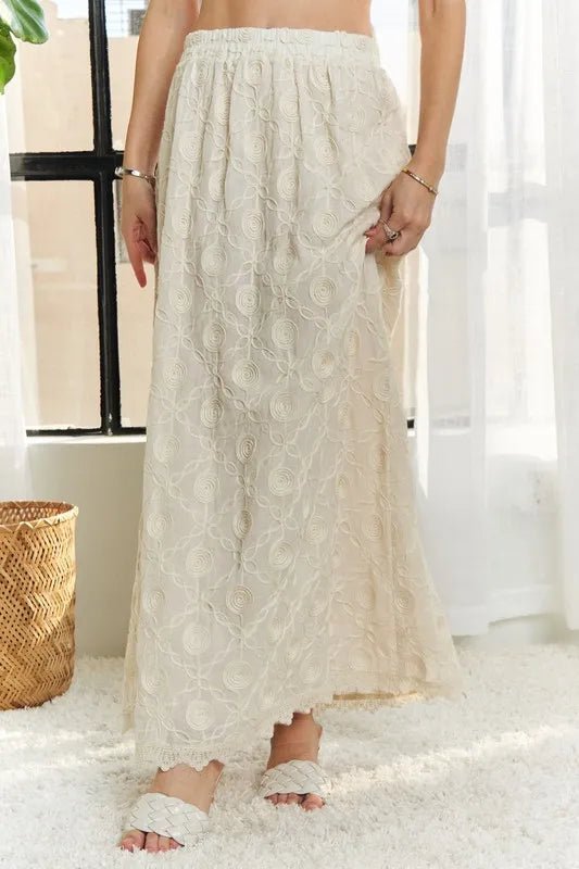 Adora Elastic Waist Applique Cotton Maxi Skirt – Lace Detail, Boho Style - Triniskies