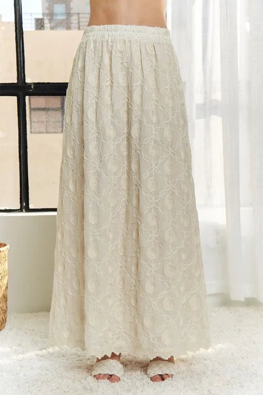 Adora Elastic Waist Applique Cotton Maxi Skirt – Lace Detail, Boho Style - Triniskies