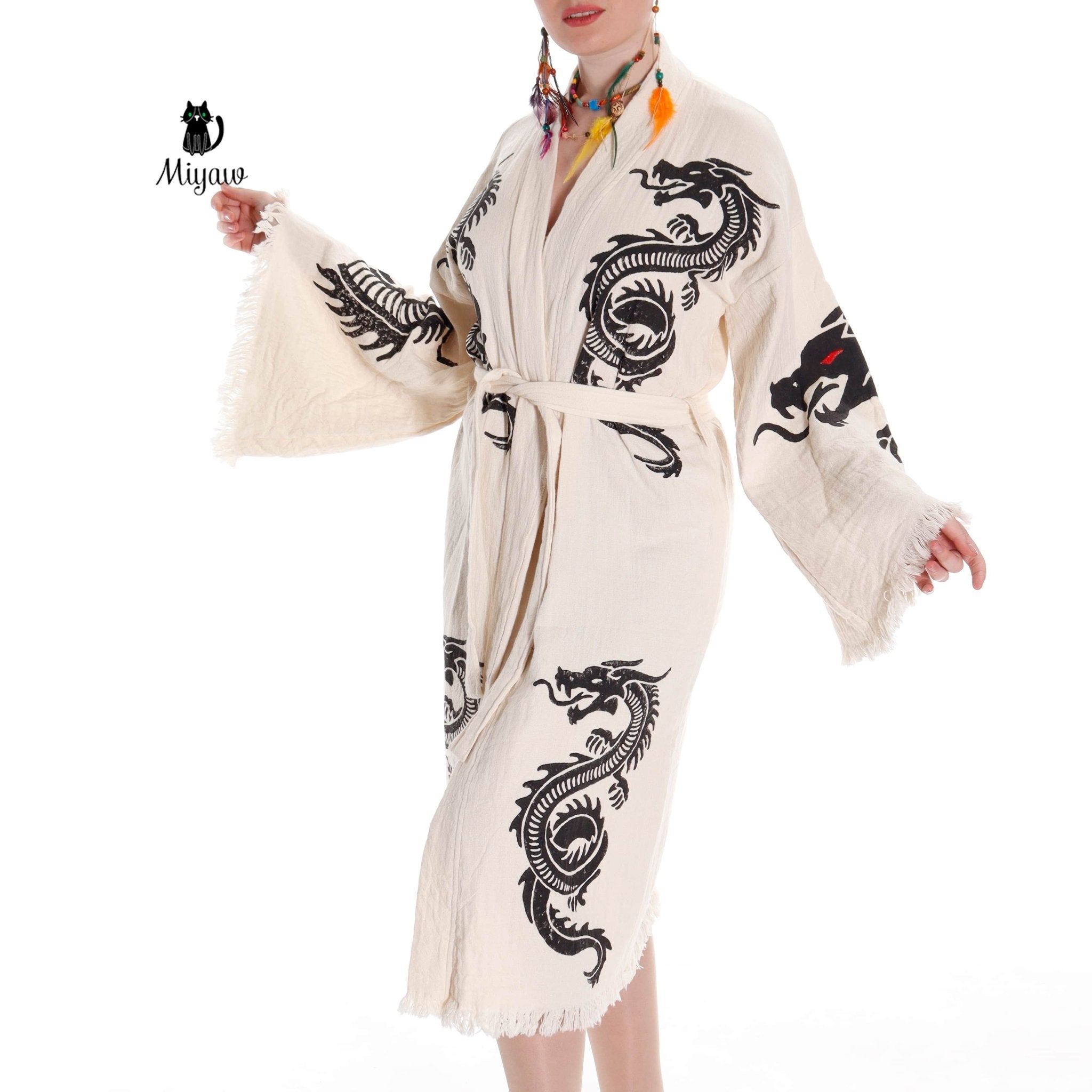Boho Cotton Kimono Robe – Handcrafted Dragon Sleeve Resort Gown - Triniskies