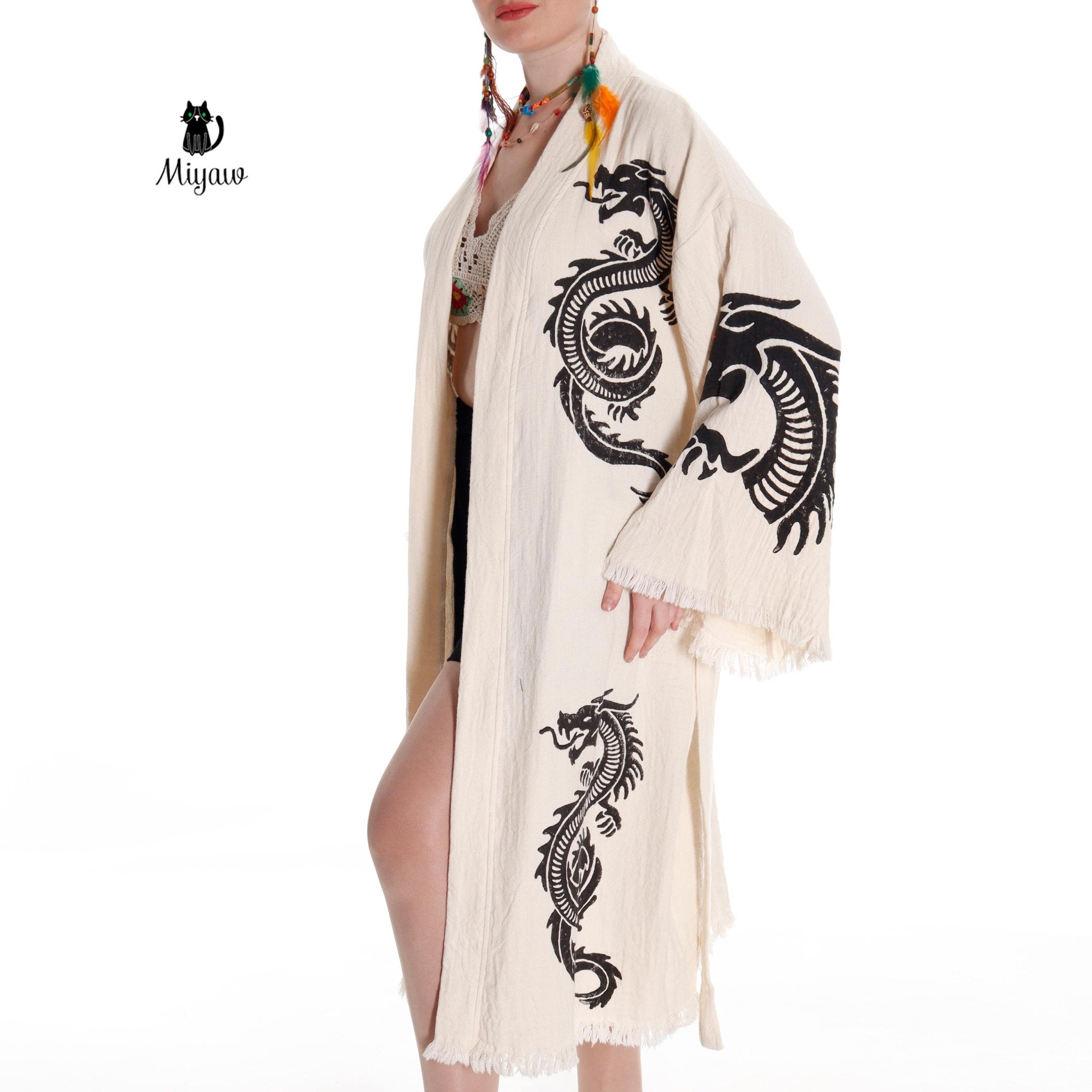 Boho Cotton Kimono Robe – Handcrafted Dragon Sleeve Resort Gown - Triniskies