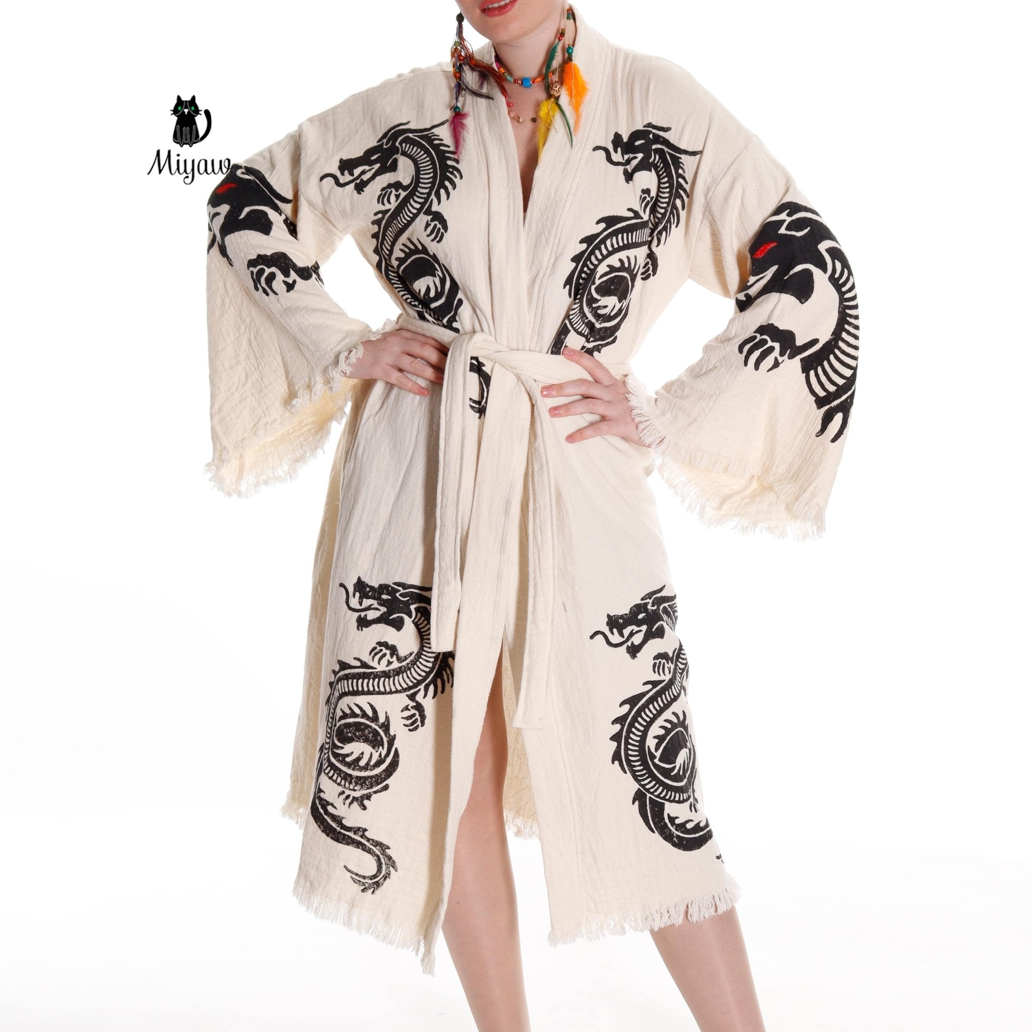 Boho Cotton Kimono Robe – Handcrafted Dragon Sleeve Resort Gown - Triniskies