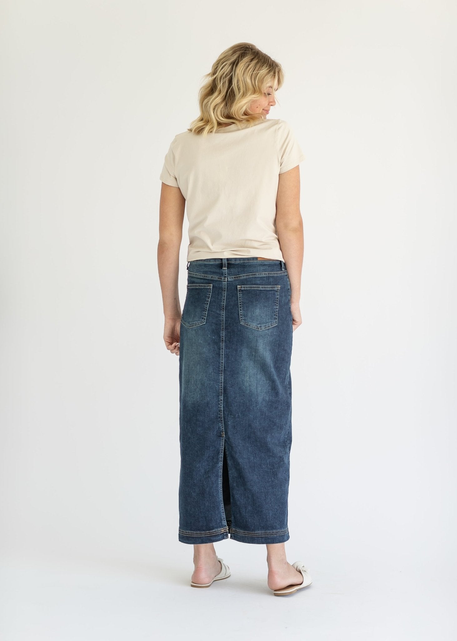 Bria Long Denim Maxi Skirt – Vintage Wash with Contrast Stitching - Triniskies