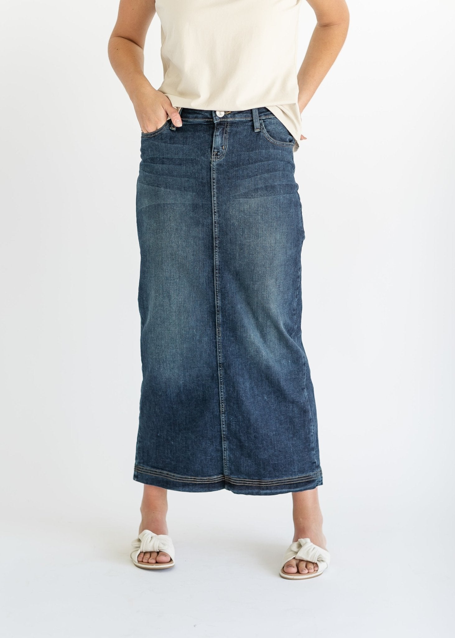 Bria Long Denim Maxi Skirt – Vintage Wash with Contrast Stitching - Triniskies