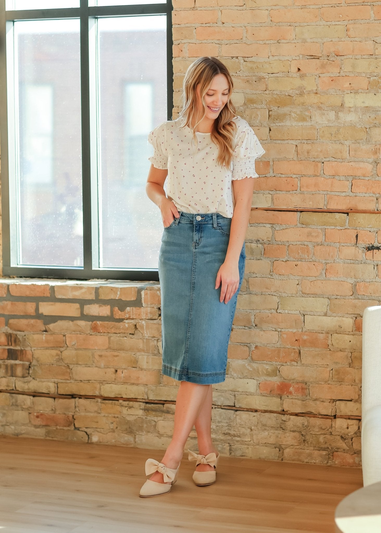 Bryn Light Wash Denim Midi Skirt | Sustainable Cotton Blend | Inherit Exclusive - Triniskies