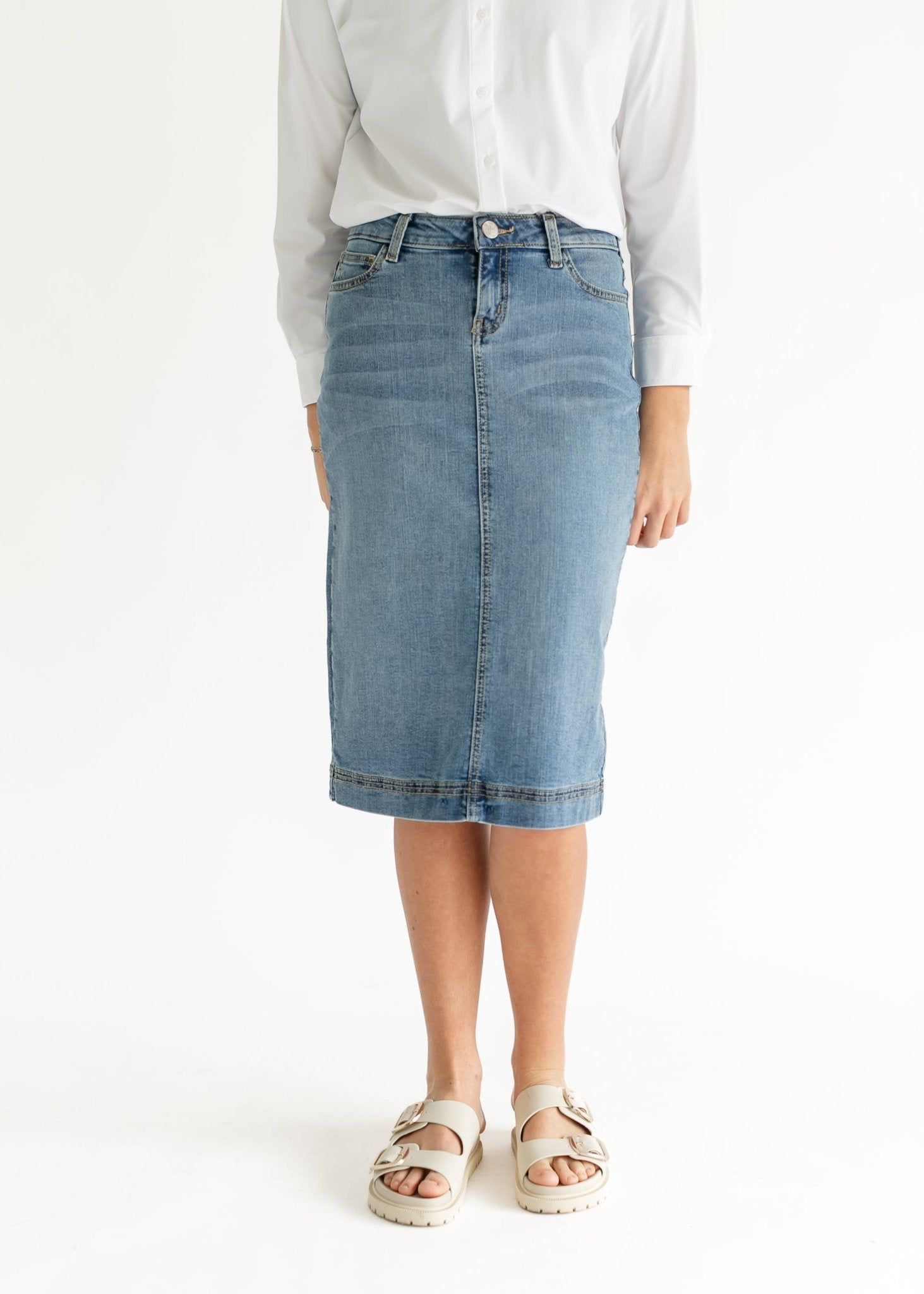 Bryn Light Wash Denim Midi Skirt | Sustainable Cotton Blend | Inherit Exclusive - Triniskies
