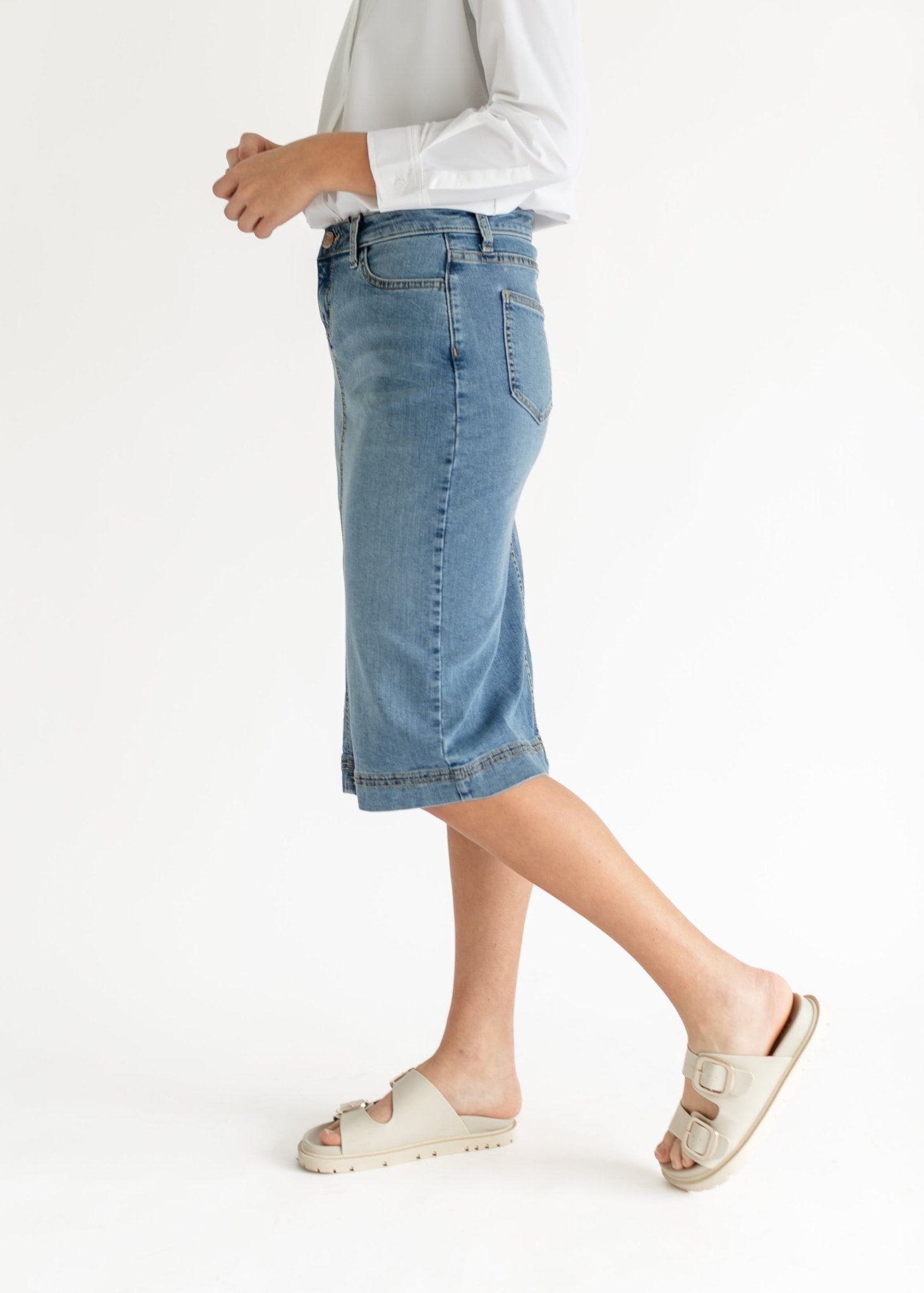 Bryn Light Wash Denim Midi Skirt | Sustainable Cotton Blend | Inherit Exclusive - Triniskies