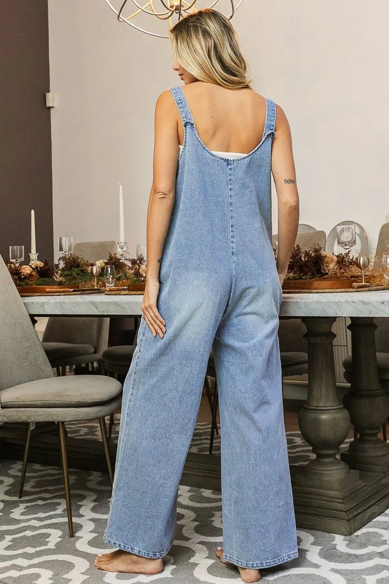 Coastal Light Wash Wide - Leg Denim Jumpsuit Bibi - Triniskies