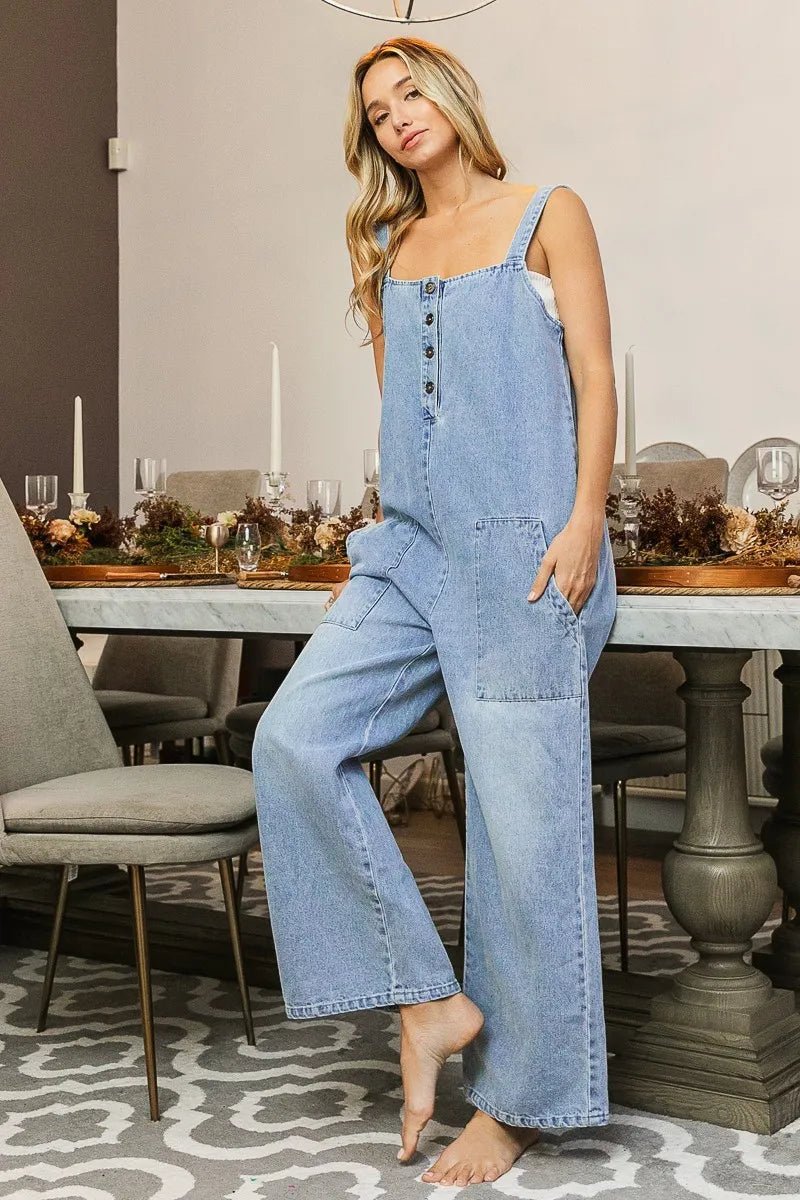 Coastal Light Wash Wide - Leg Denim Jumpsuit Bibi - Triniskies