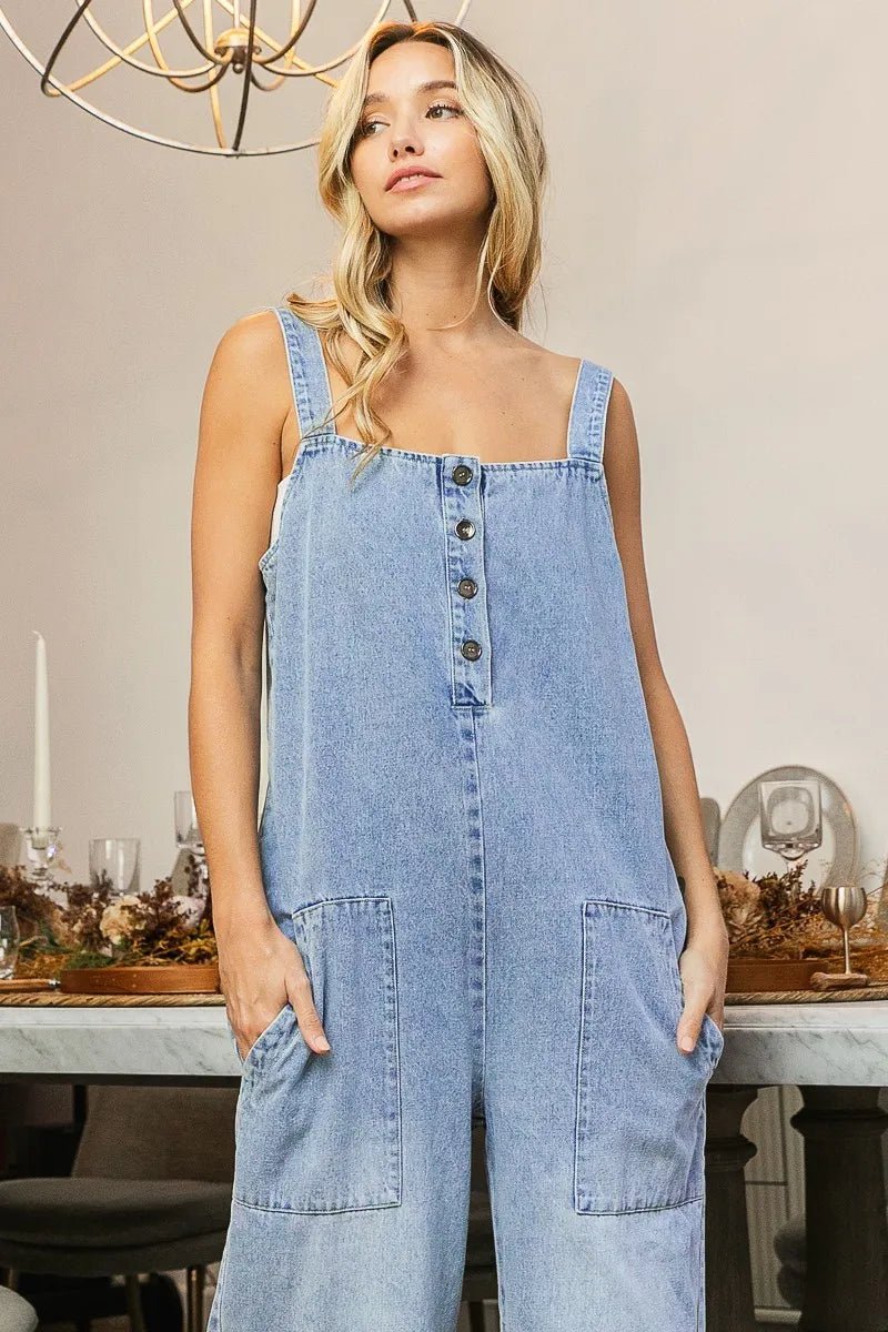 Coastal Light Wash Wide - Leg Denim Jumpsuit Bibi - Triniskies