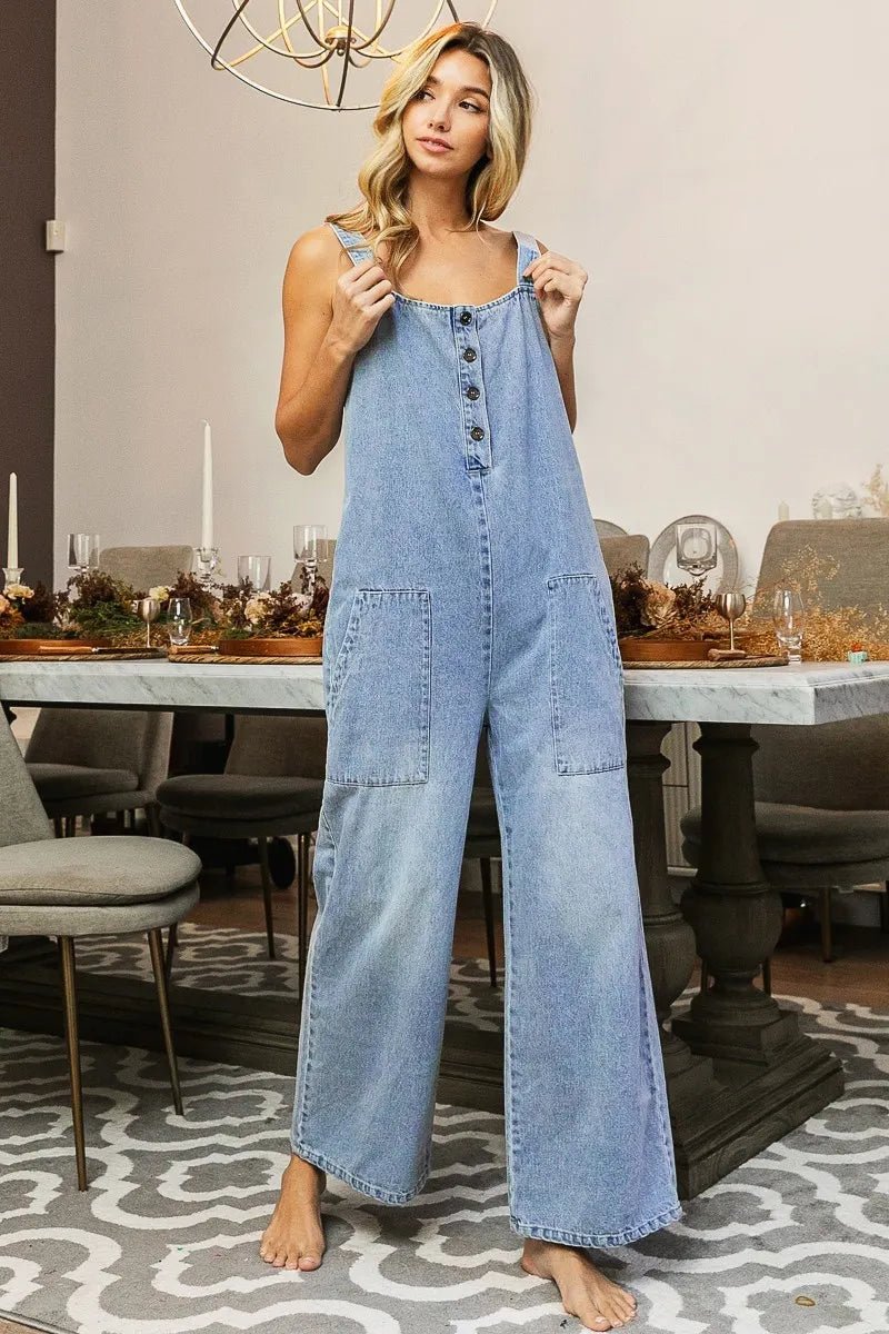 Coastal Light Wash Wide - Leg Denim Jumpsuit Bibi - Triniskies