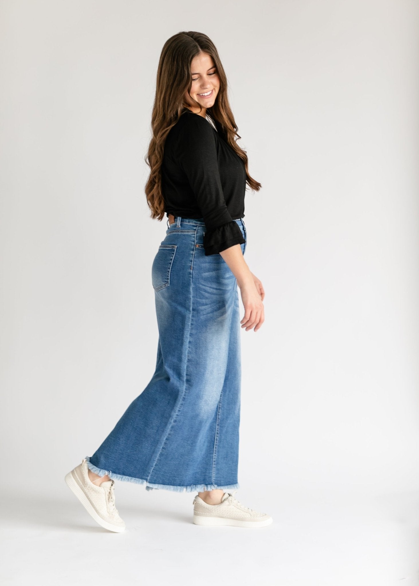 Dakotah Raw Hem Long Denim Skirt – Maxi Length with Slit | Medium Wash - Triniskies