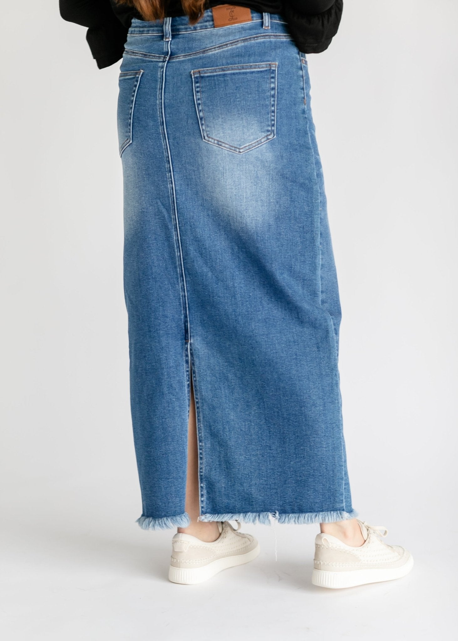 Dakotah Raw Hem Long Denim Skirt – Maxi Length with Slit | Medium Wash - Triniskies
