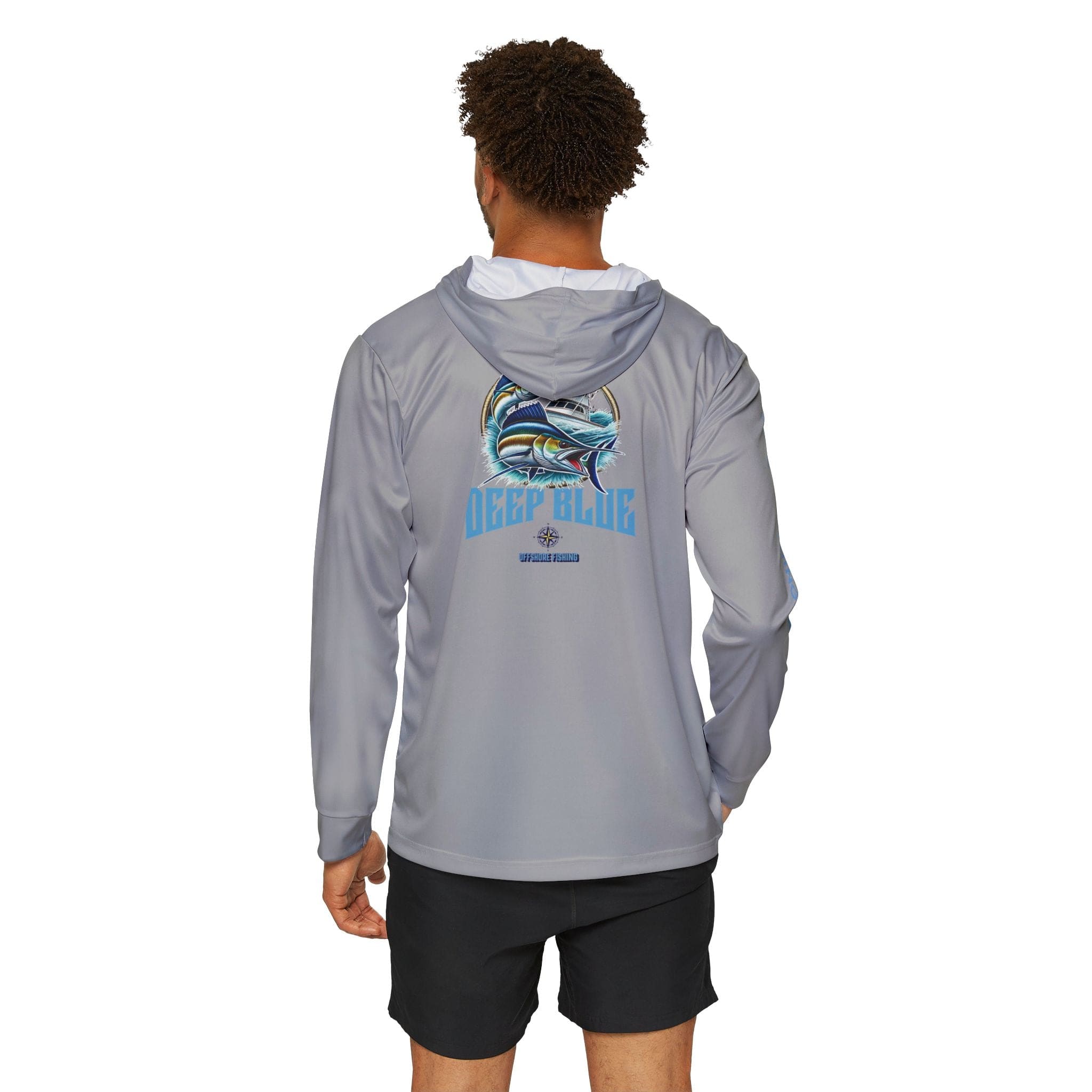 Deep Blue Offshore Fishing Unisex Performance Hoodie, 100% Polyester, Quick - Dry Activewear (GREY). - Triniskies