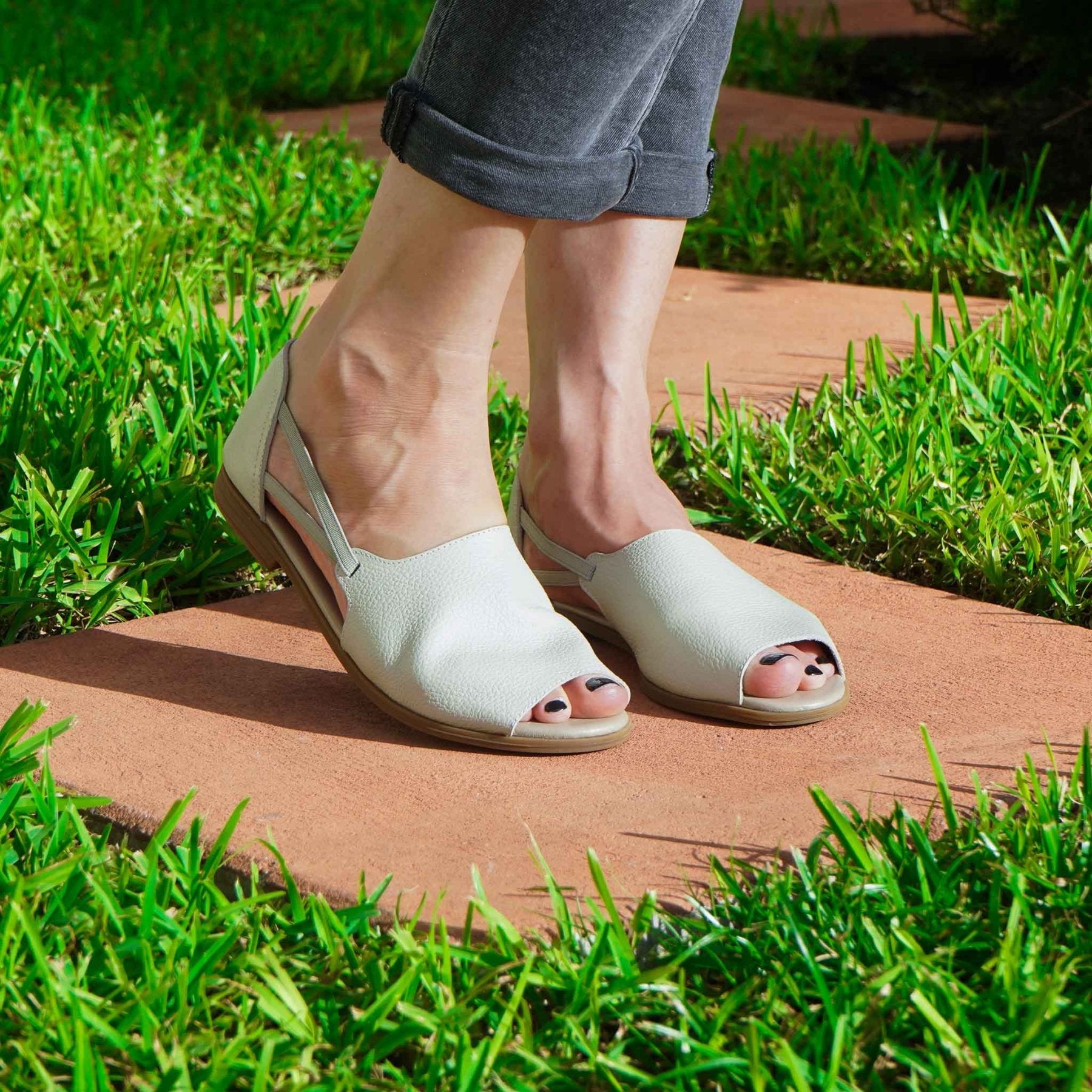 Dove Gray Peep Toe Sandals - Womads Leather Flats for Women - Triniskies