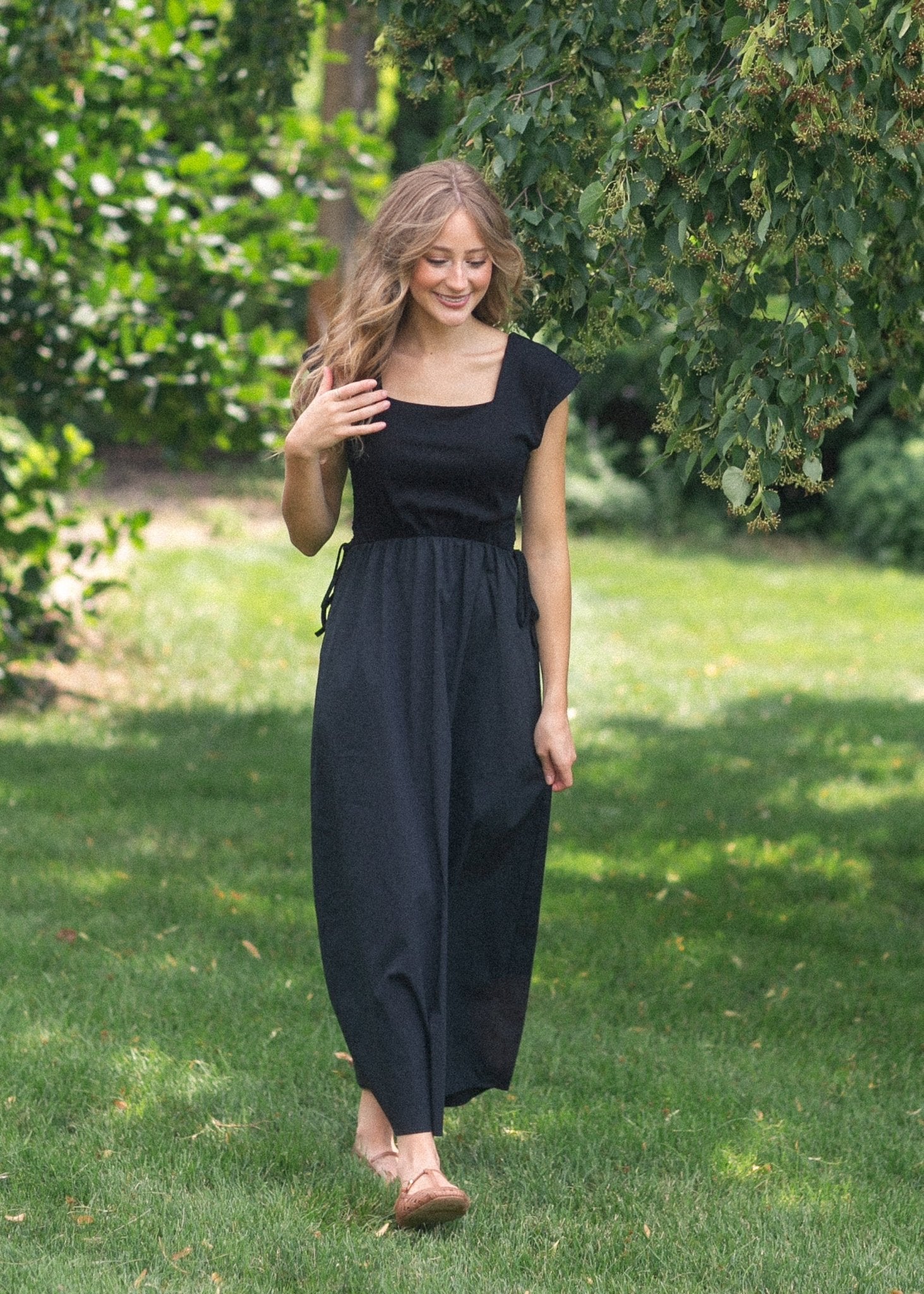 Eleanor A - line Maxi Dress – Black | Square Neckline with Adjustable Waist - Triniskies