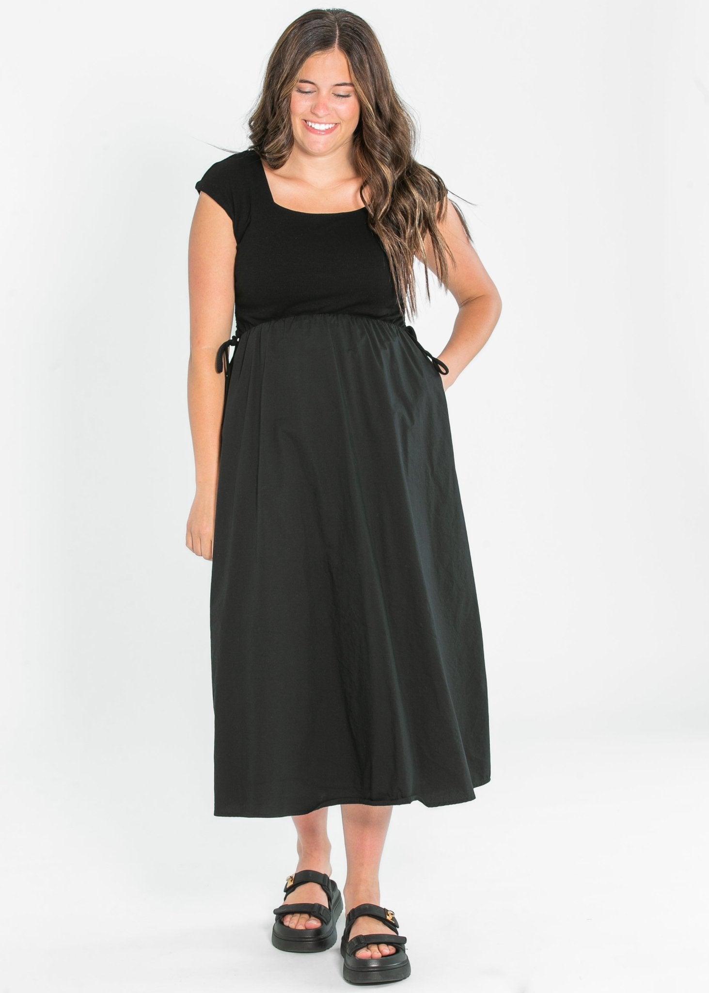 Eleanor A - line Maxi Dress – Black | Square Neckline with Adjustable Waist - Triniskies