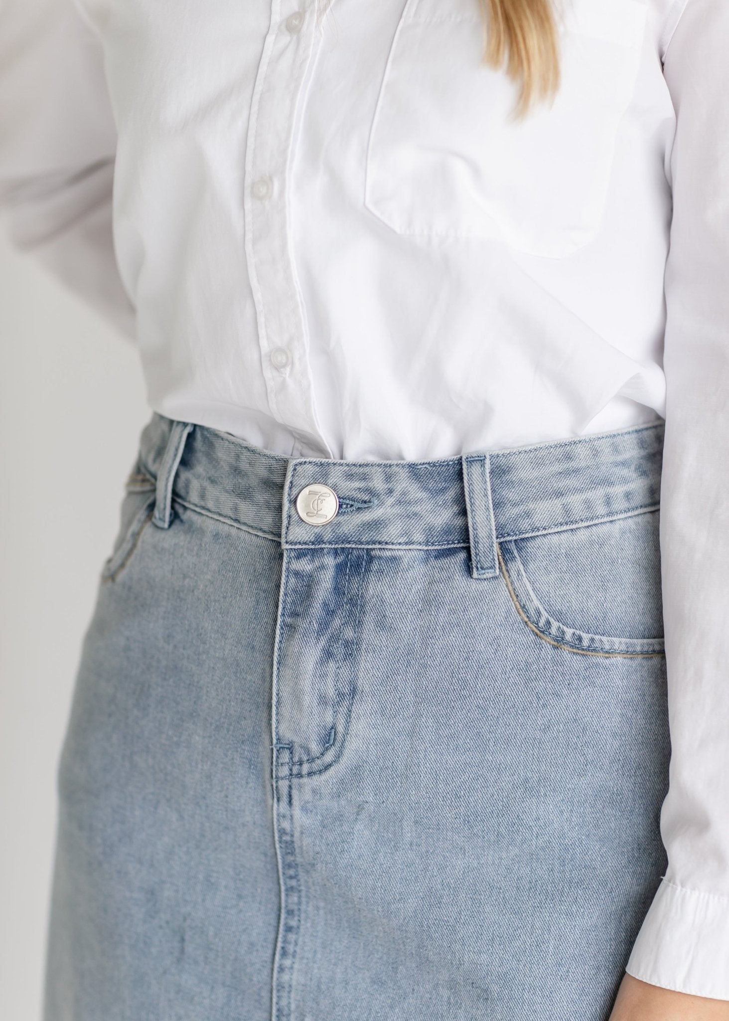 Elisha Light Wash Long Denim Skirt – Women’s Maxi A - Line Jean Skirt with Pockets - Triniskies