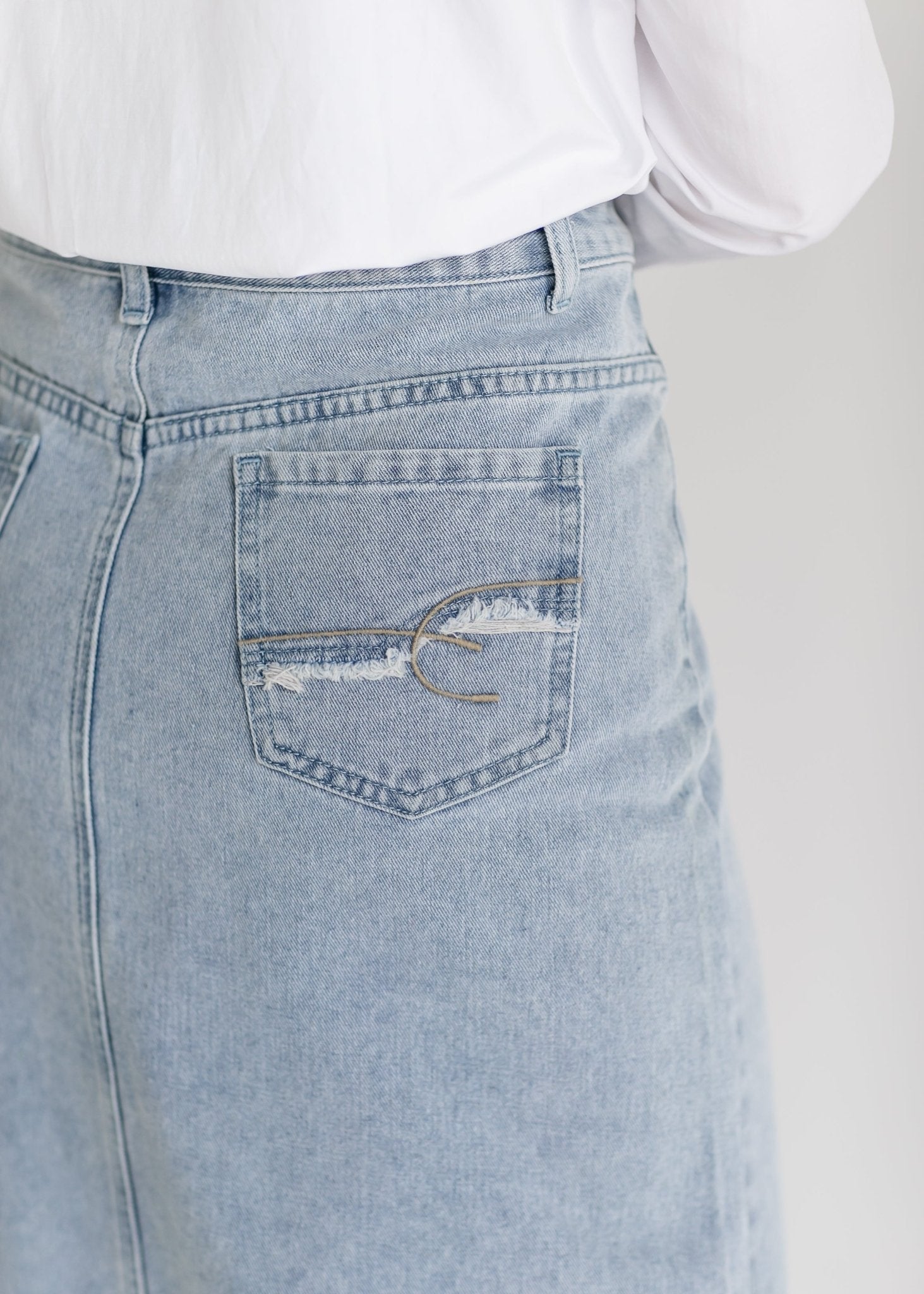 Elisha Light Wash Long Denim Skirt – Women’s Maxi A - Line Jean Skirt with Pockets - Triniskies