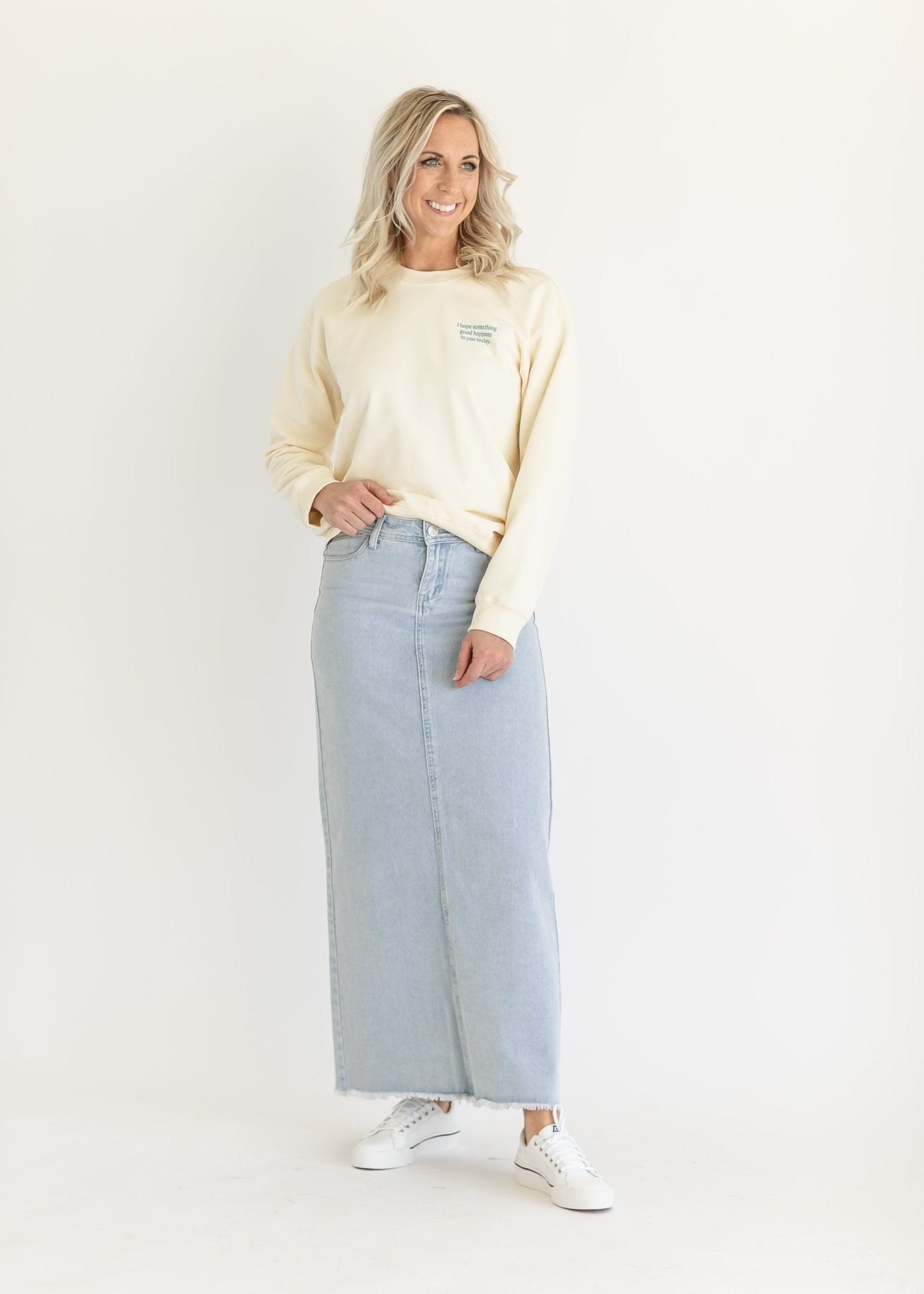 Elisha Light Wash Long Denim Skirt – Women’s Maxi A - Line Jean Skirt with Pockets - Triniskies