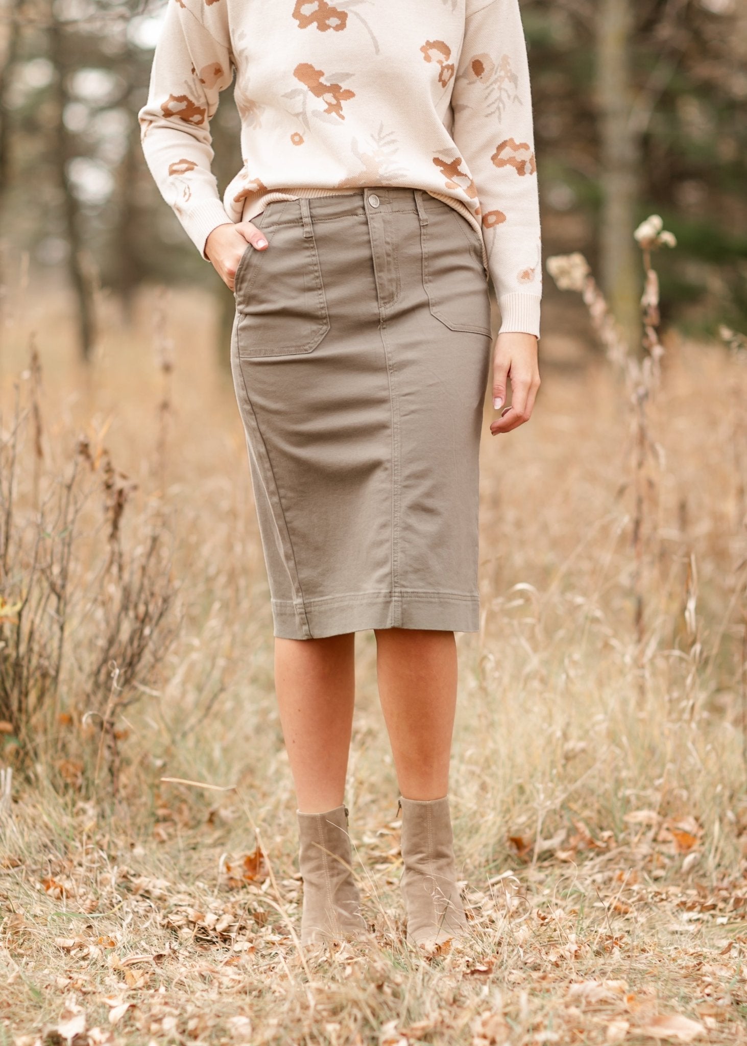 Erica Cotton Twill Midi Skirt – Classic Stretch Modest Skirt with Length Options - Triniskies