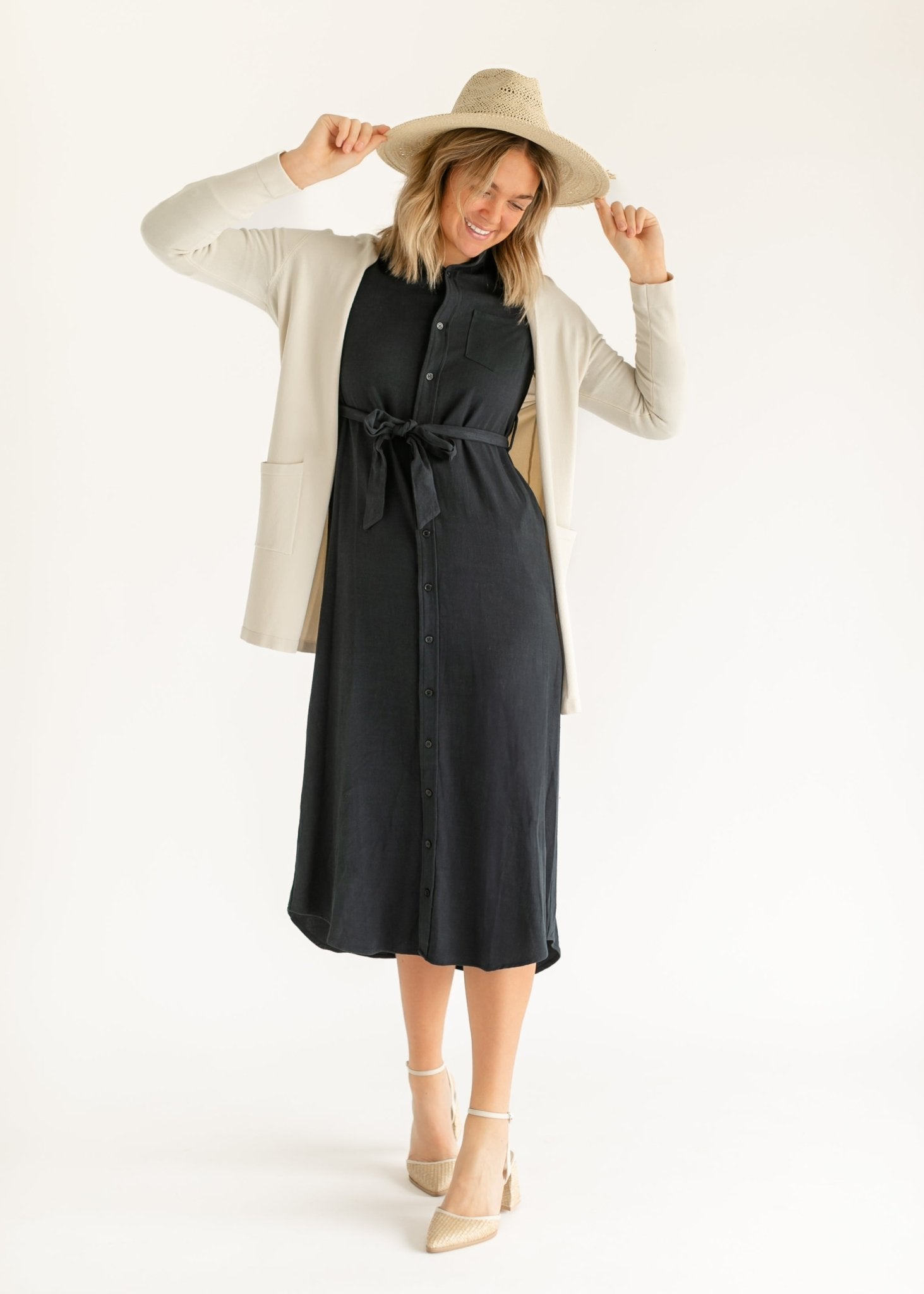 Essential Linen Shirt Dress – Long Sleeve Button - Front with Belt - Triniskies