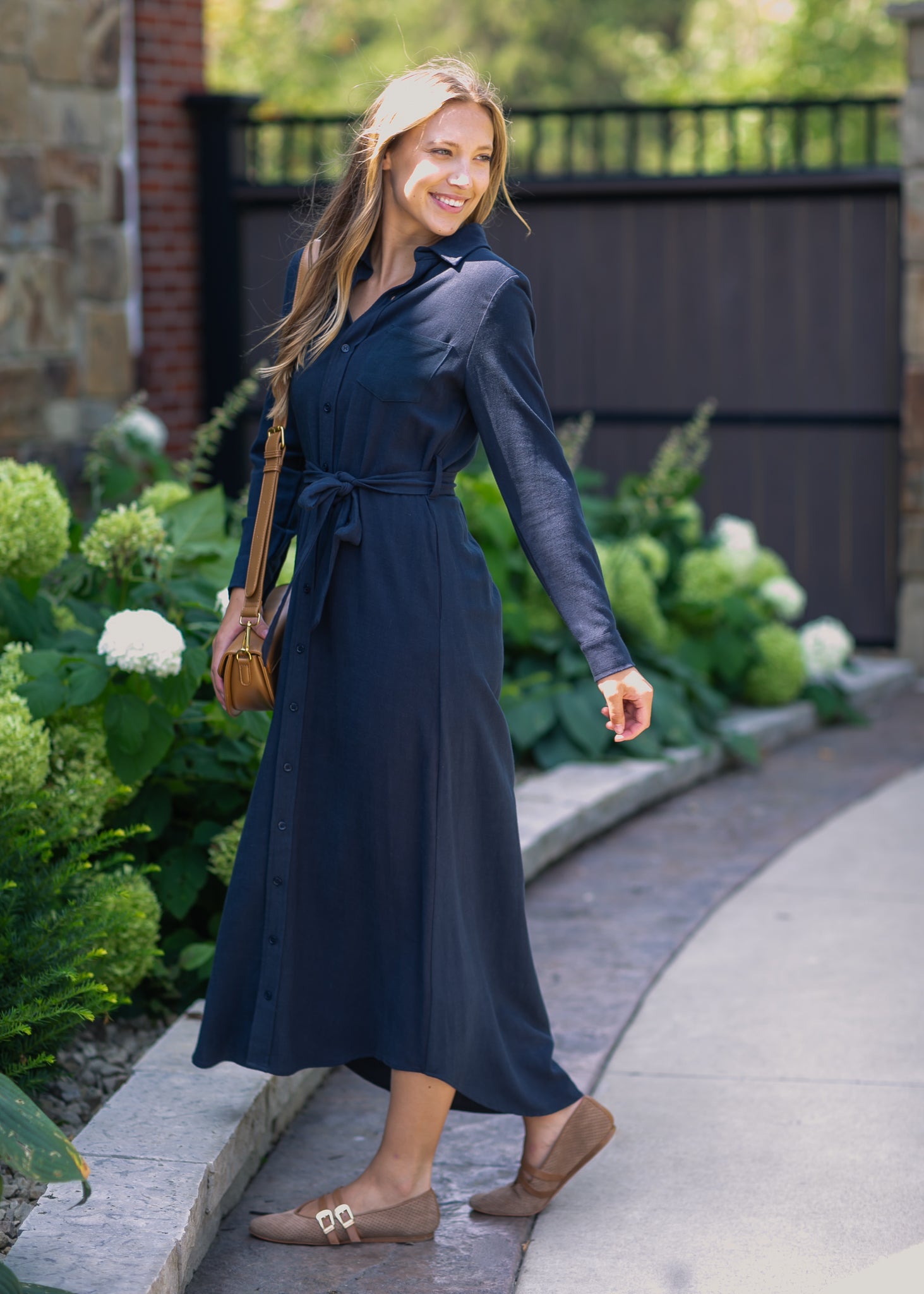 Essential Linen Shirt Dress – Long Sleeve Button - Front with Belt - Triniskies