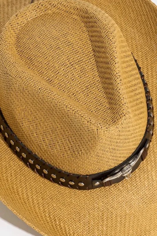 Fame Studded Bull Head Strap Western Cowboy Straw Hat – Wide Brim Sun Protection - Triniskies