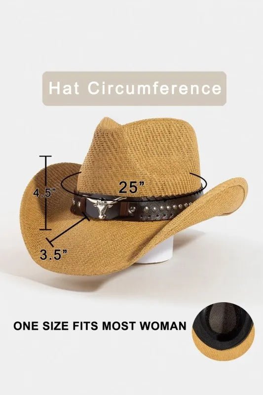 Fame Studded Bull Head Strap Western Cowboy Straw Hat – Wide Brim Sun Protection - Triniskies