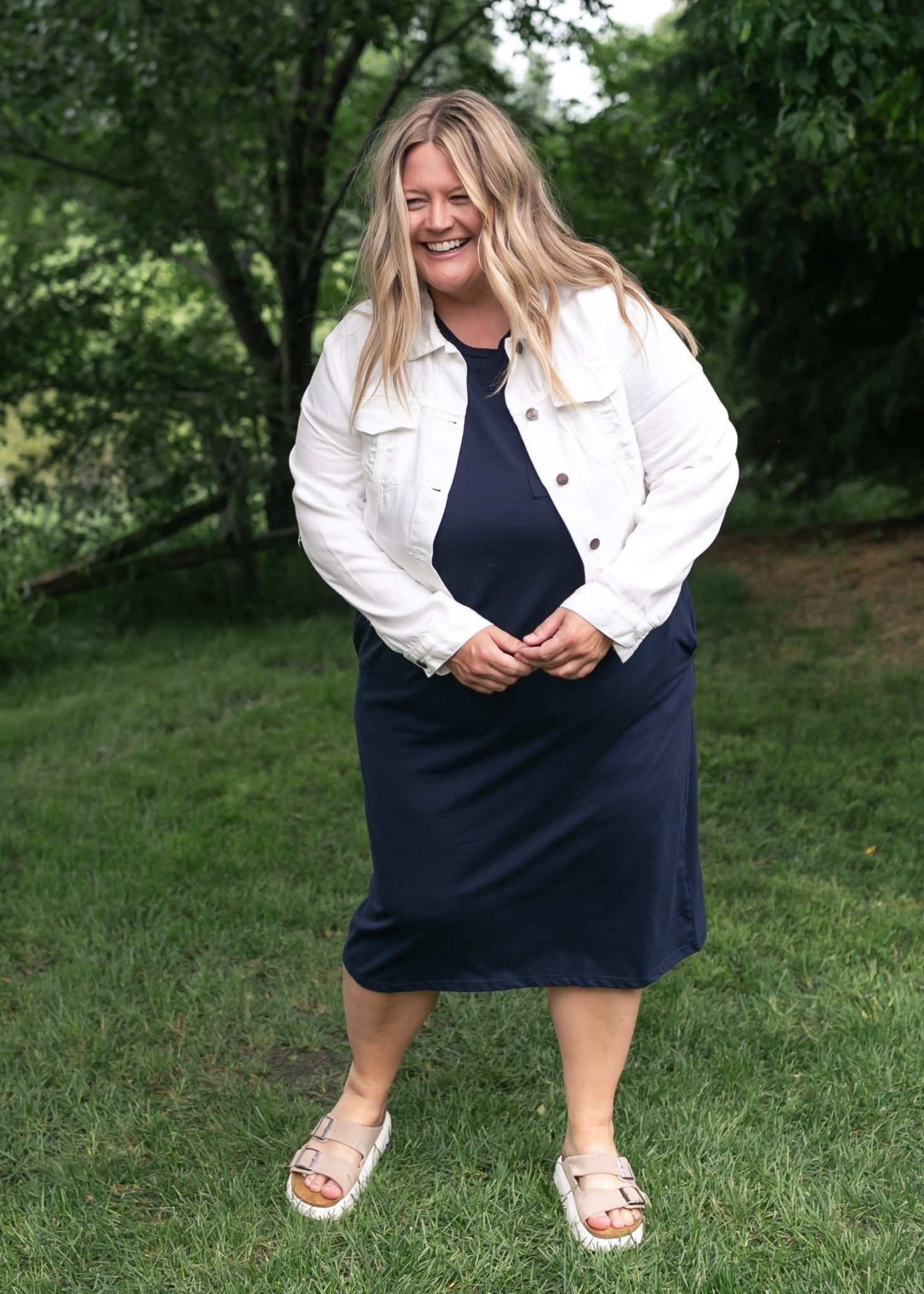 Finley T-Shirt Midi Dress – Navy Short Sleeve Casual Modest Dress with Pockets - Triniskies