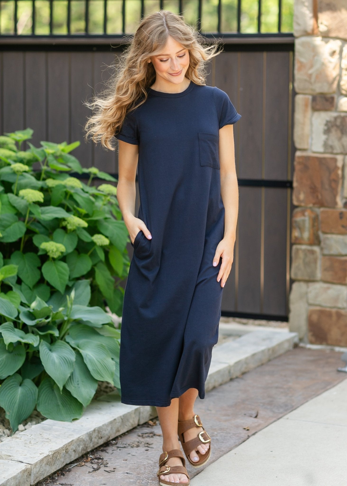 Finley T-Shirt Midi Dress – Navy Short Sleeve Casual Modest Dress with Pockets - Triniskies