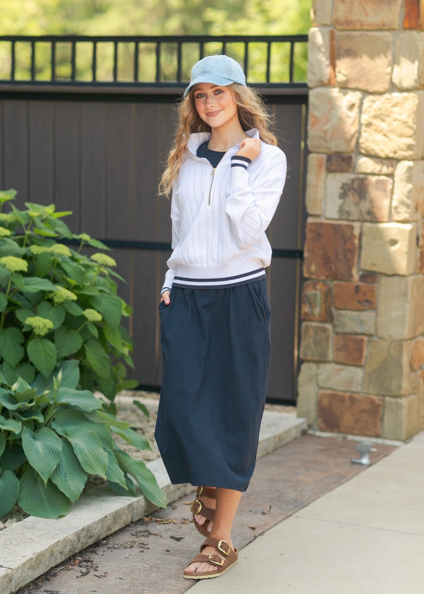 Finley T-Shirt Midi Dress – Navy Short Sleeve Casual Modest Dress with Pockets - Triniskies