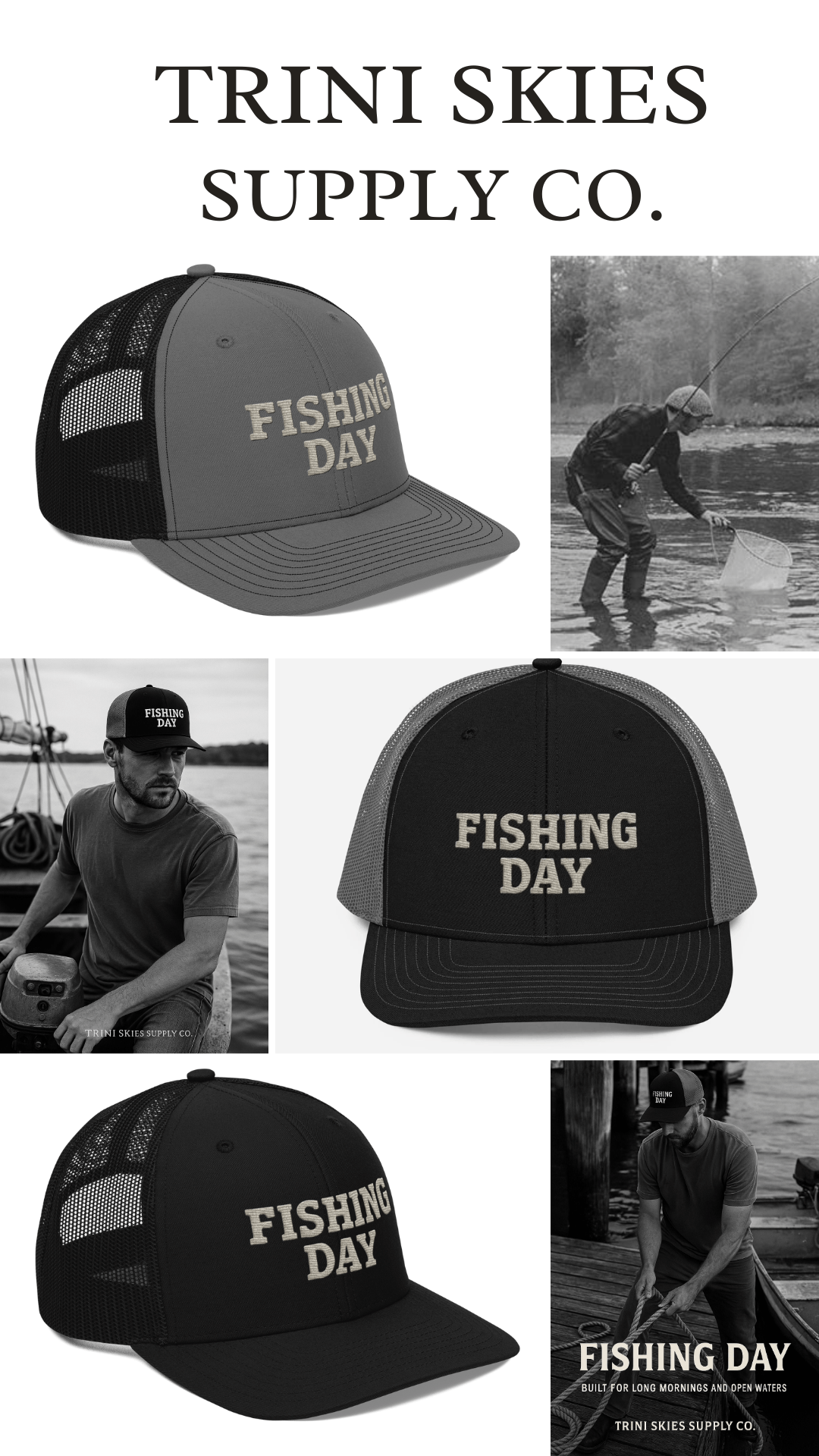 Fishing Day Richardson 112 Trucker Hat – Outdoor Heritage Cap – Rugged Mesh Back Hat – Timeless Americana Dockside Hat – Trini Skies Supply Co. - Triniskies
