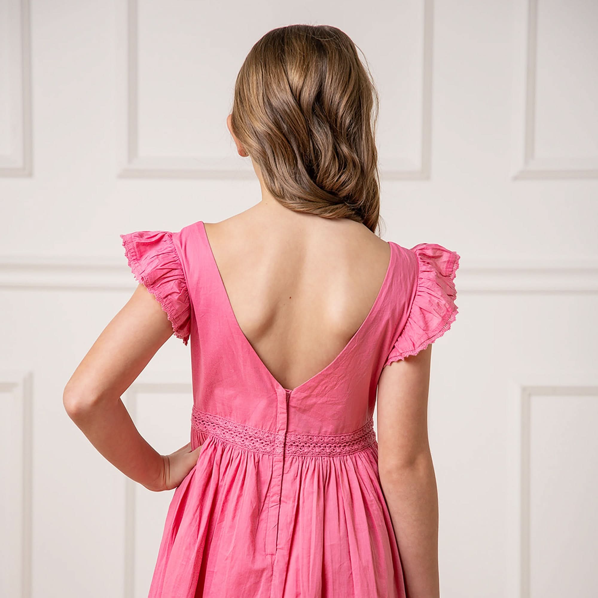 Flutter Sleeve Organic Cotton Maxi Dress – Girls’ Tiered Party Dress in Deep Rose - Triniskies