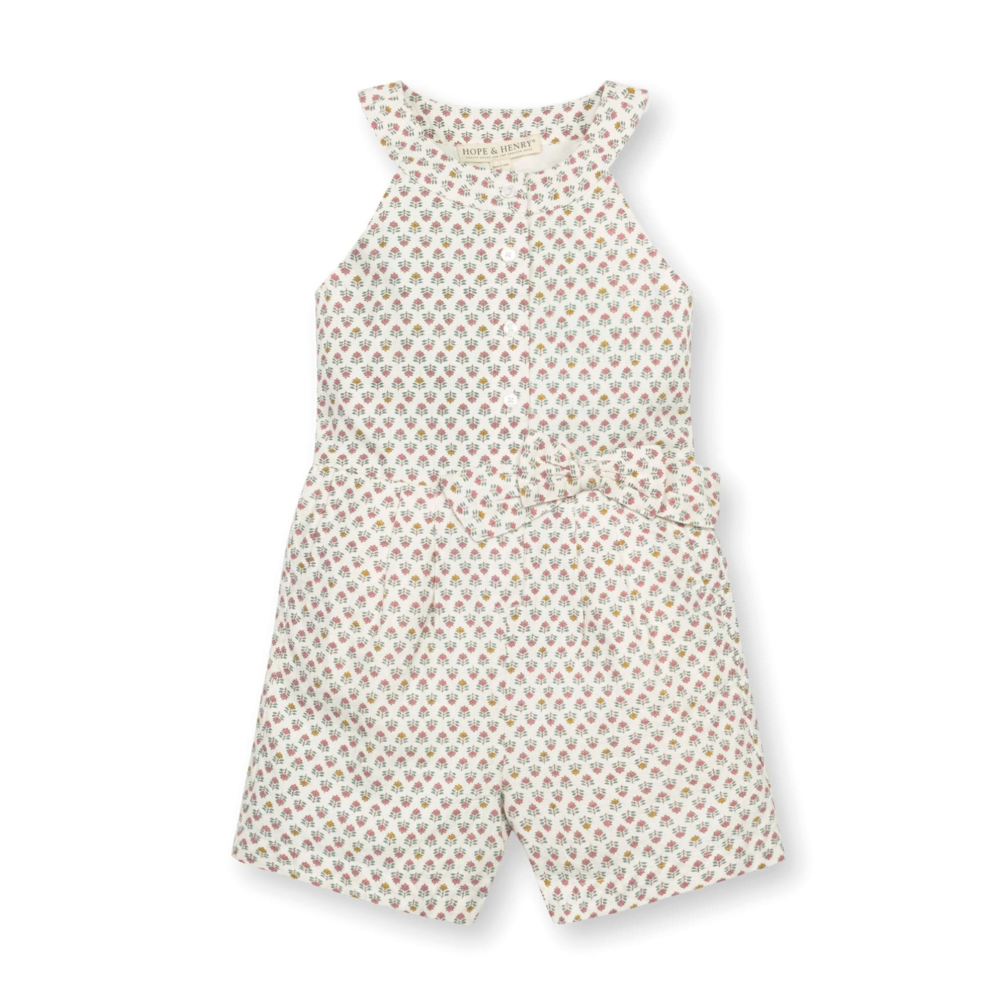 Girls Button Front Halter Romper – Organic Cotton Linen Blend with Bow & Pockets - Triniskies
