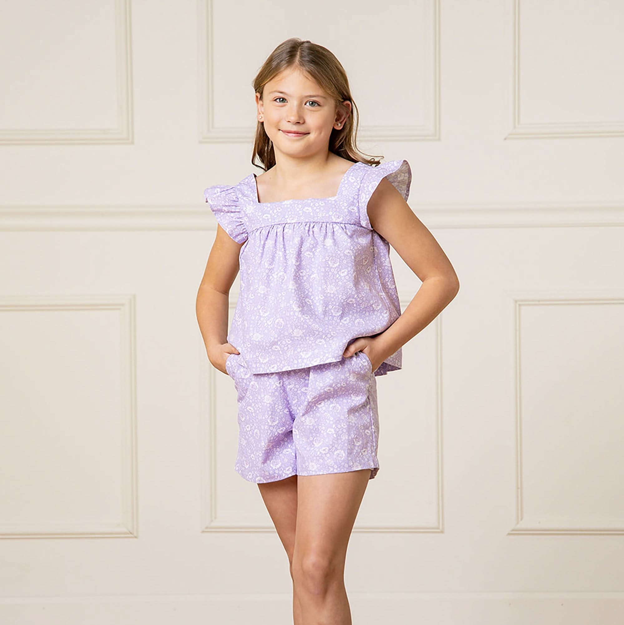 Girls Linen Blend Faux Top Romper – Lavender Floral Summer Outfit - Triniskies