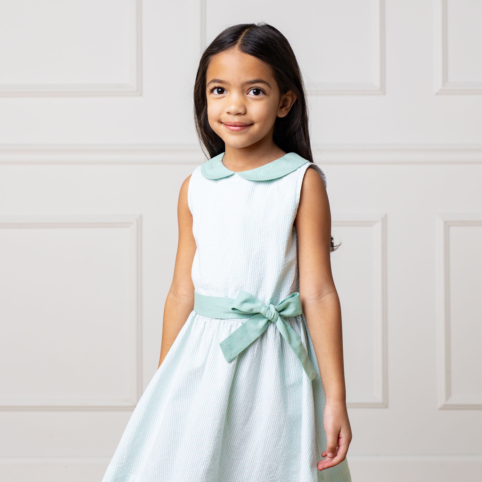 Girls Organic Seersucker Peter Pan Collar Dress – Mint Summer Occasion Outfit - Triniskies