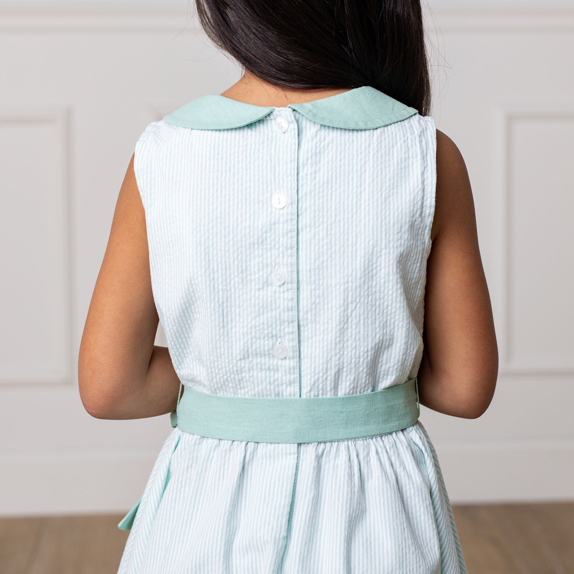 Girls Organic Seersucker Peter Pan Collar Dress – Mint Summer Occasion Outfit - Triniskies