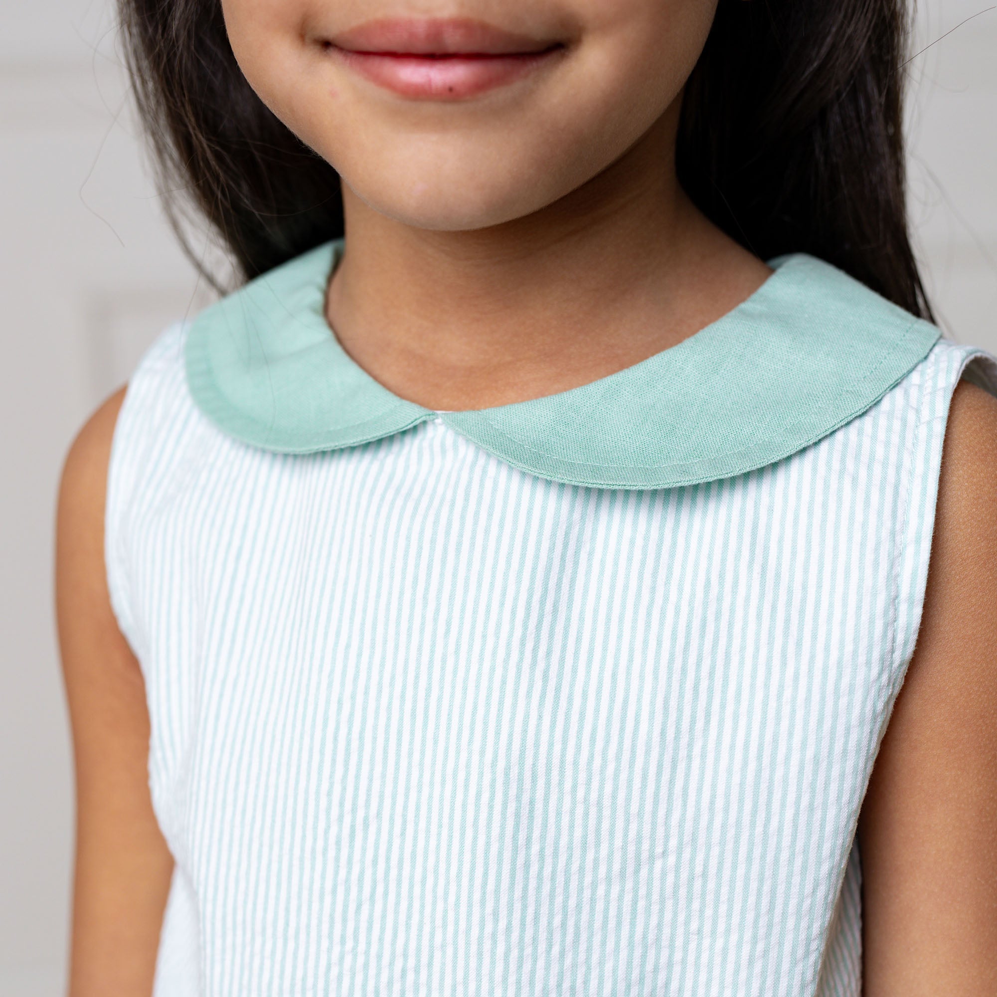 Girls Organic Seersucker Peter Pan Collar Dress – Mint Summer Occasion Outfit - Triniskies