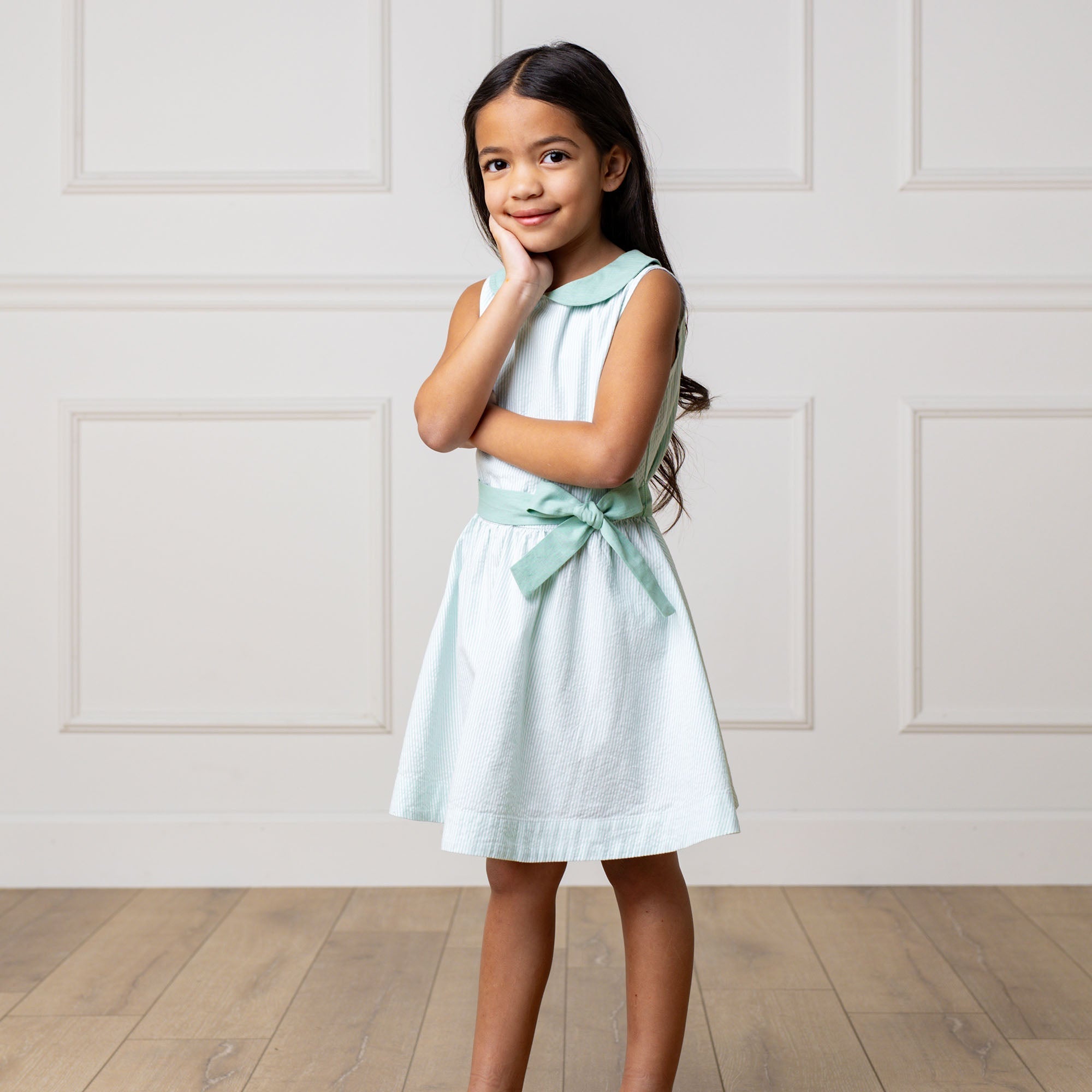 Girls Organic Seersucker Peter Pan Collar Dress – Mint Summer Occasion Outfit - Triniskies