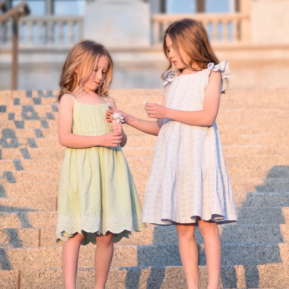 Girls Ruched Organic Cotton Party Dress – Mint Seersucker Special Occasion Outfit - Triniskies