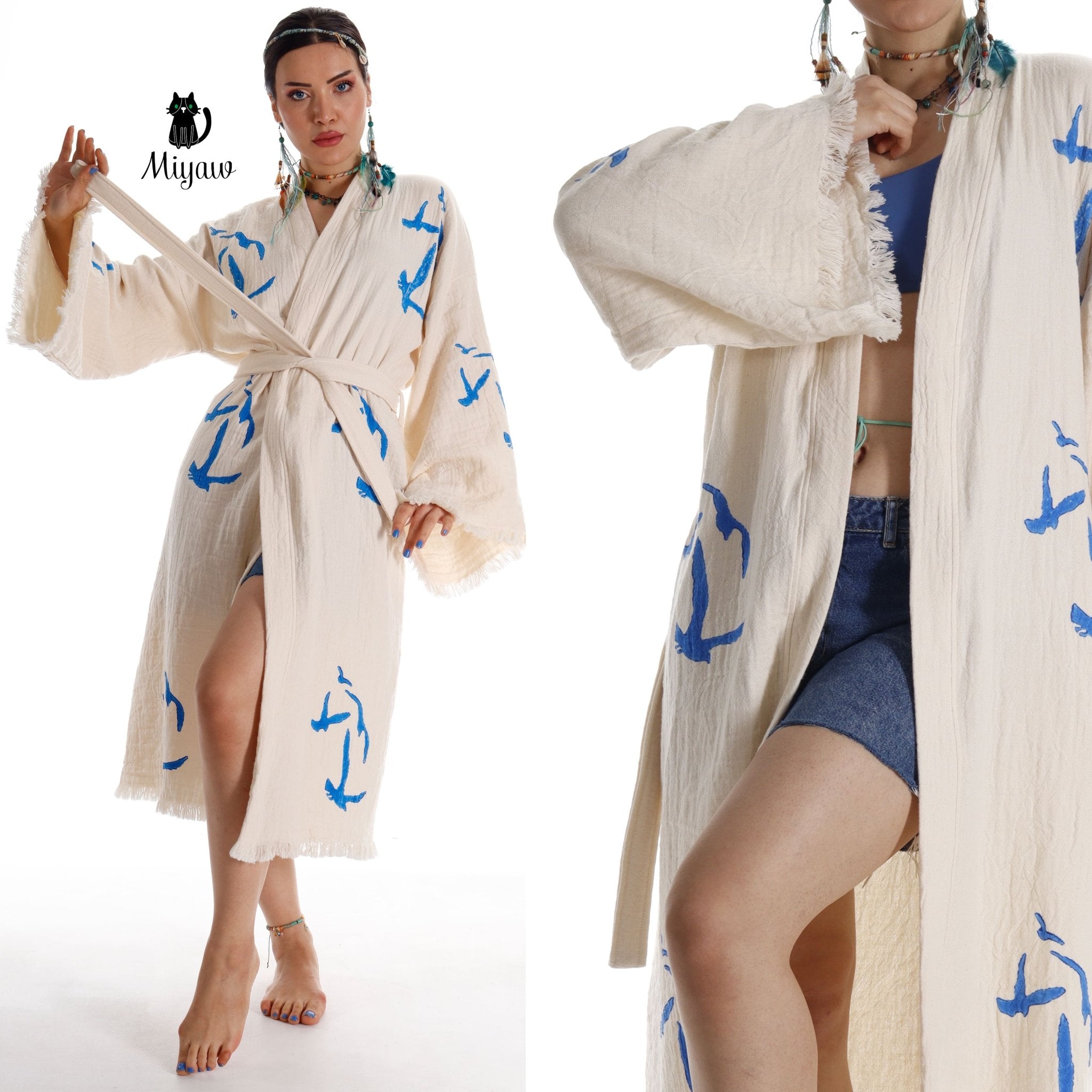 Handcrafted Organic Cotton Kimono Robe – Seagull Print Bohemian Beach Cover Up | Trini Skies - Triniskies