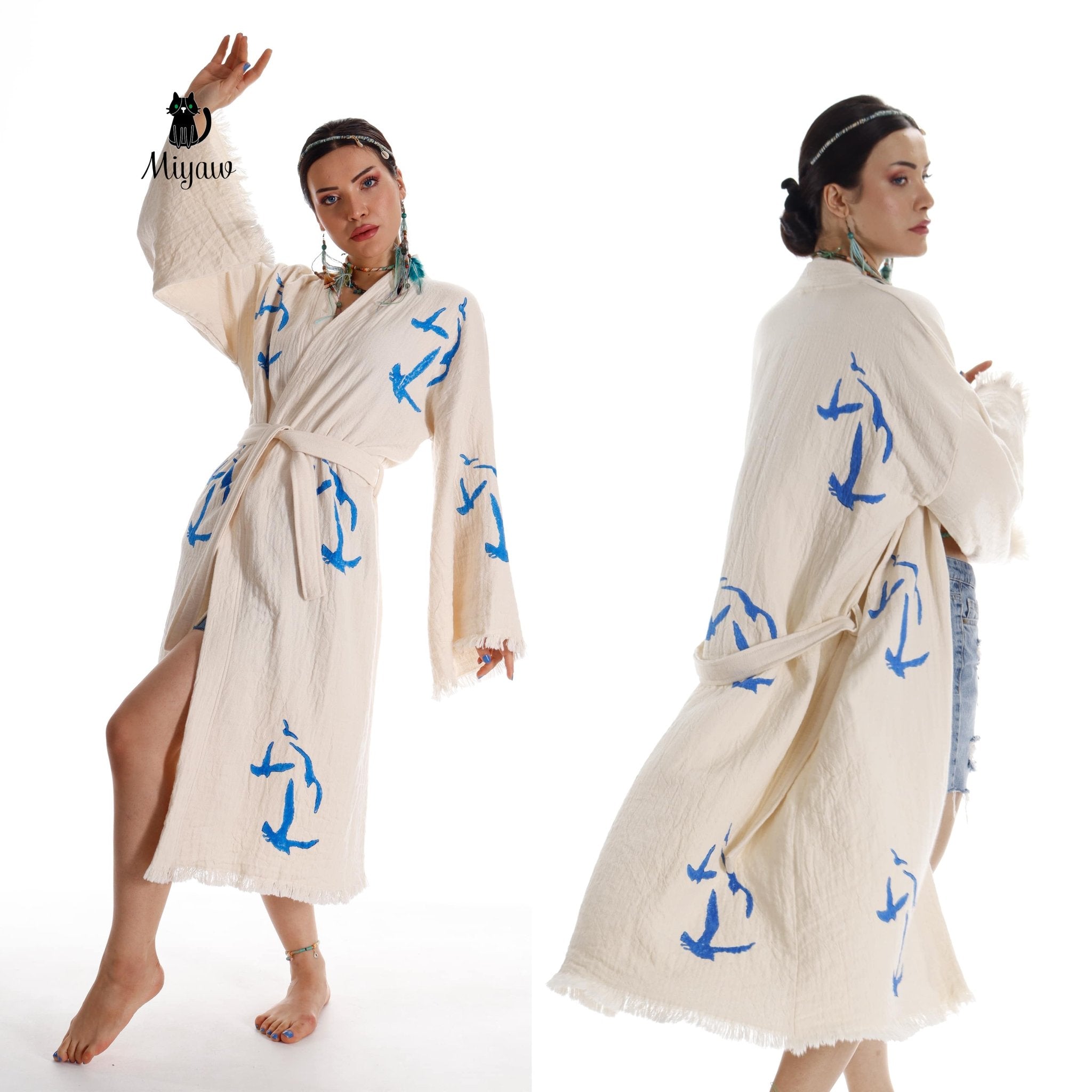 Handcrafted Organic Cotton Kimono Robe – Seagull Print Bohemian Beach Cover Up | Trini Skies - Triniskies