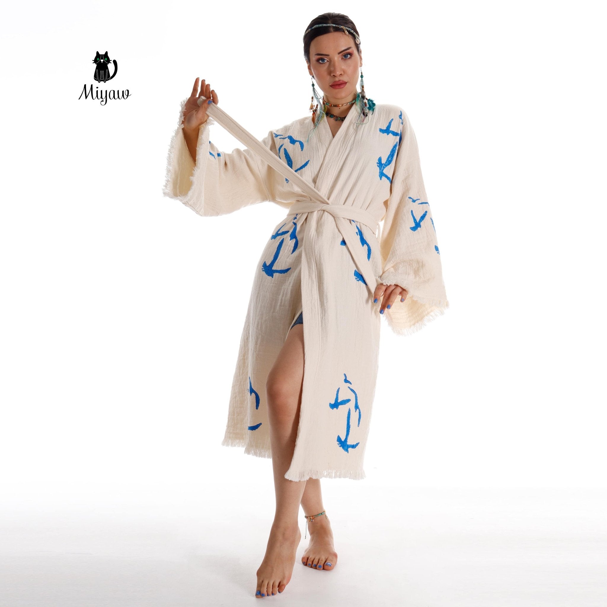 Handcrafted Organic Cotton Kimono Robe – Seagull Print Bohemian Beach Cover Up | Trini Skies - Triniskies