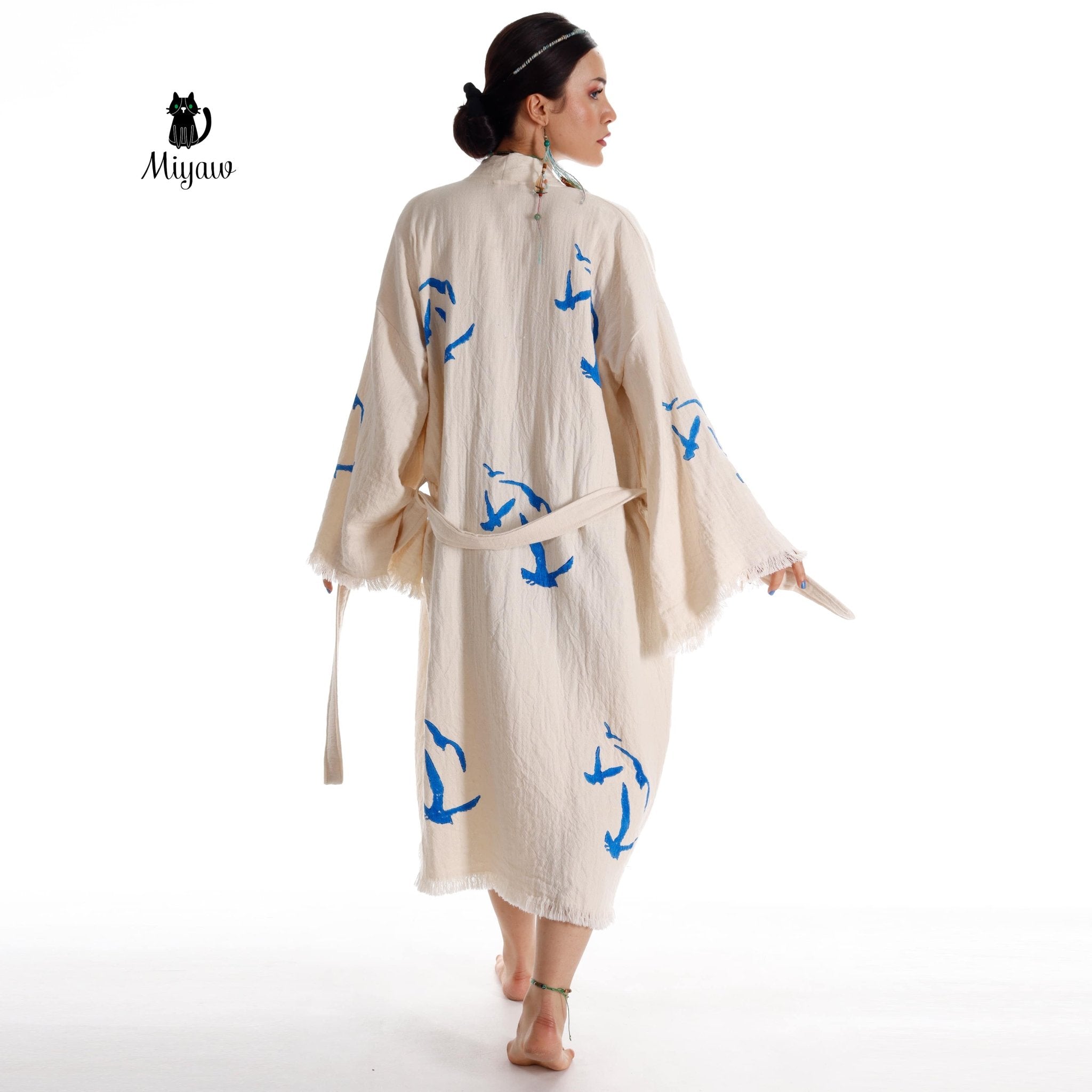Handcrafted Organic Cotton Kimono Robe – Seagull Print Bohemian Beach Cover Up | Trini Skies - Triniskies