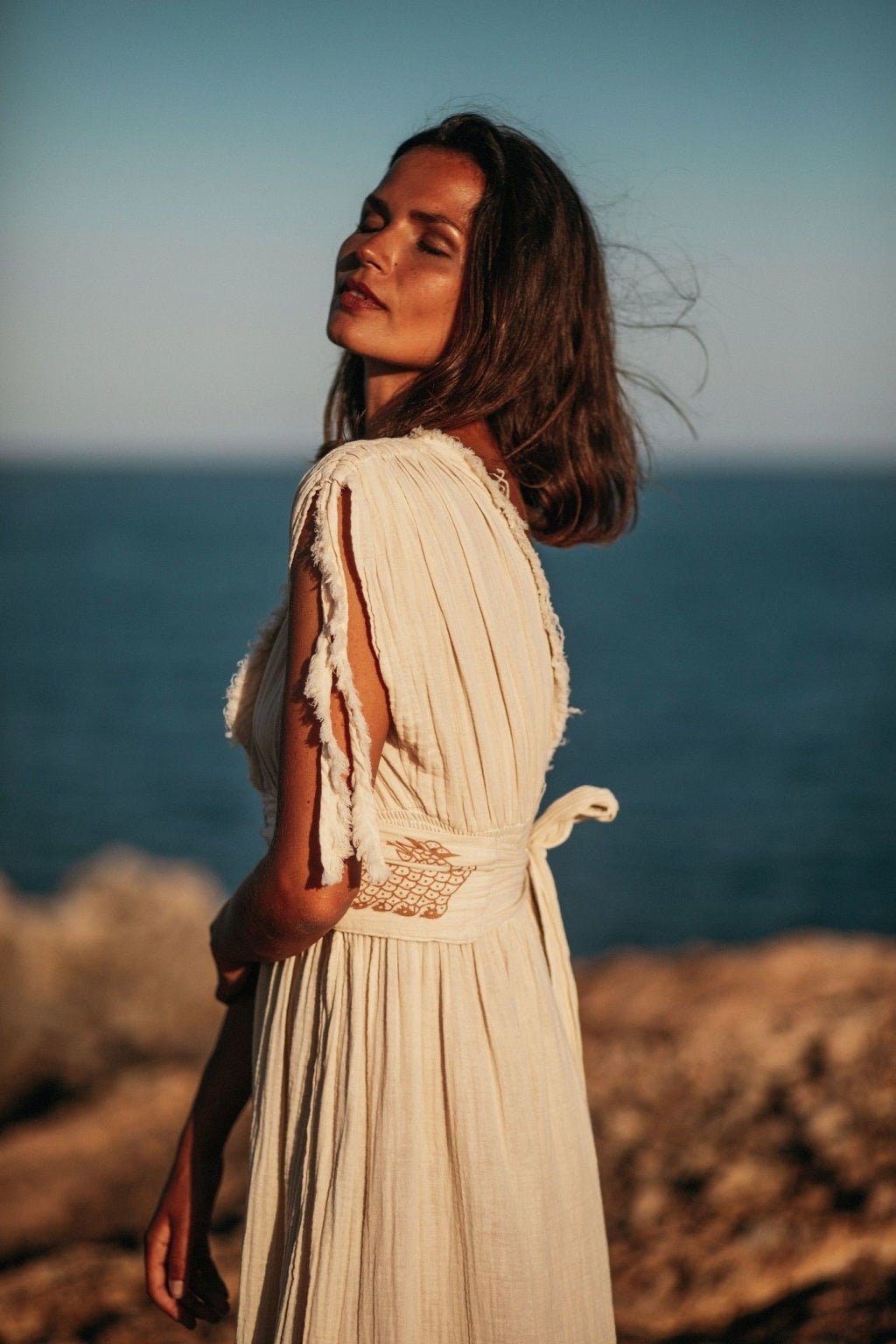 Helen Organic Cotton Goddess Dress – Elegant Resort Maxi with High Slit - Triniskies