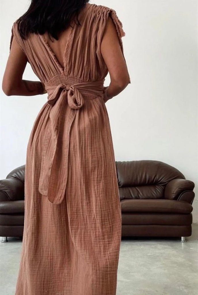 Helen Organic Cotton Goddess Dress – Elegant Resort Maxi with High Slit - Triniskies