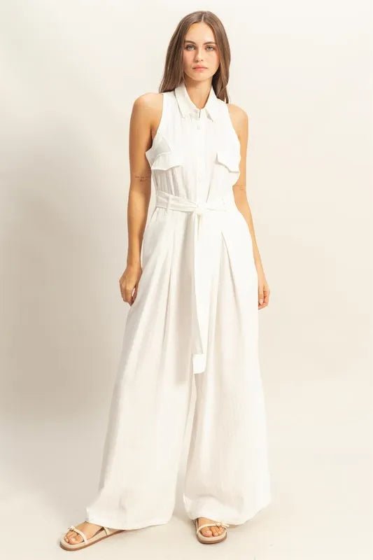 HYFVE Sleeveless Tie Waist Wide Leg Jumpsuit – White, Resort Chic - Triniskies